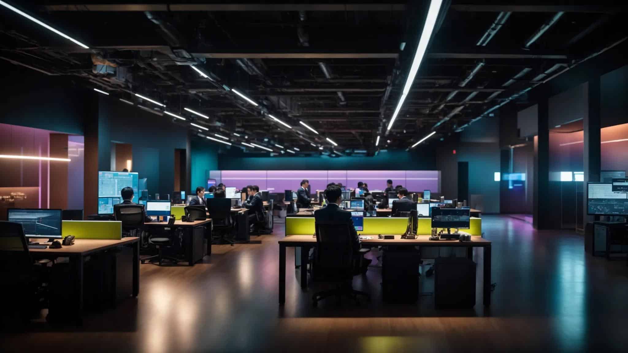 a dynamic office workspace showing it professionals collaborating over a sleek table filled with high-tech servers and digital displays, illuminated by vibrant, focused lighting that highlights their engagement and the innovative atmosphere.