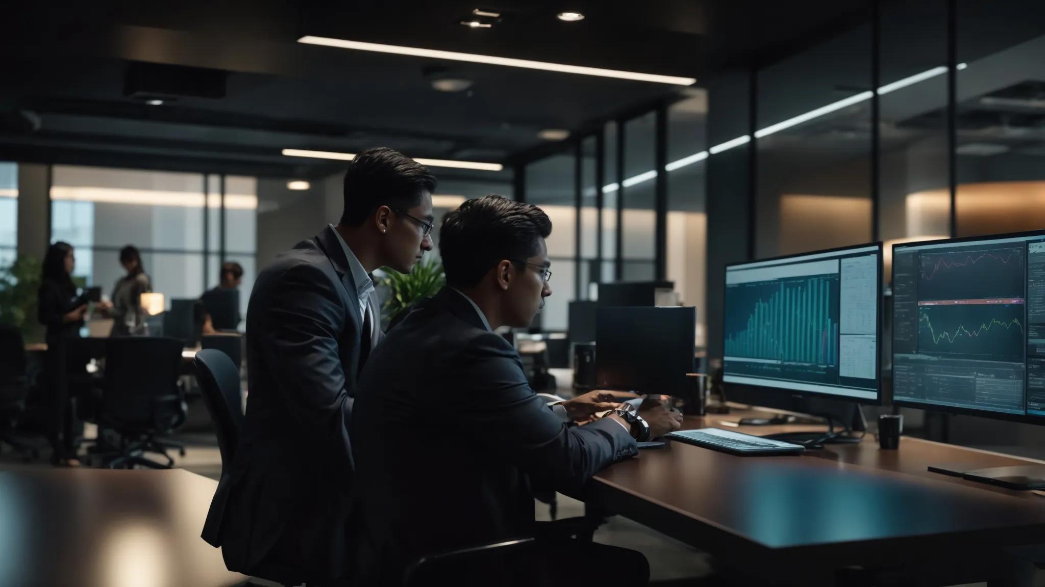 a dynamic team of it professionals collaborates around a sleek, modern conference table, analyzing cybersecurity tool performance metrics displayed on digital screens in a high-tech office environment, emphasizing strategic decision-making for small business security.
