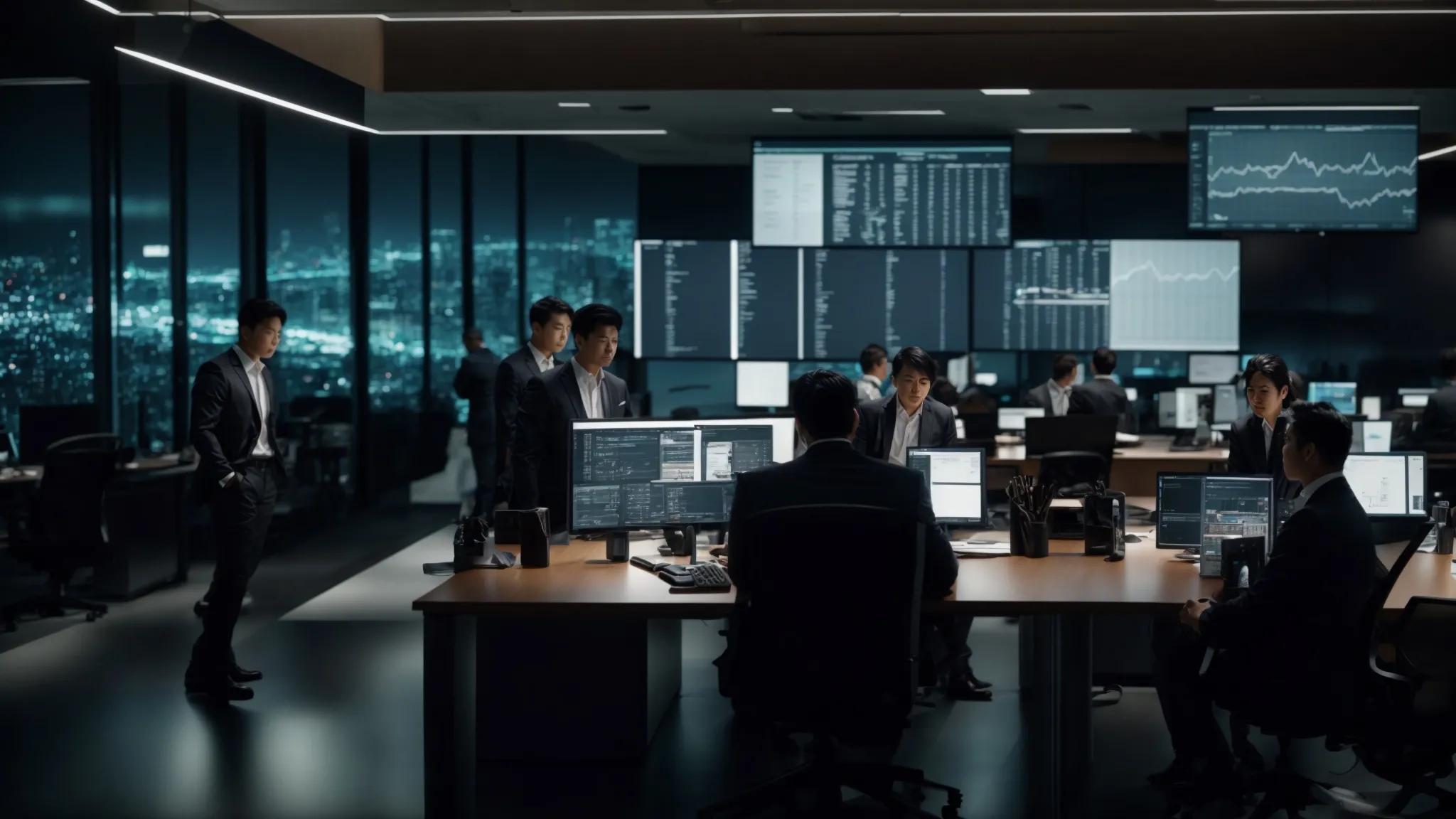 a dynamic team of it professionals collaborates around a modern conference table, analyzing infographics on managed service package pricing while surrounded by sleek servers and high-tech equipment, illuminated by bright overhead lighting in a contemporary office setting.