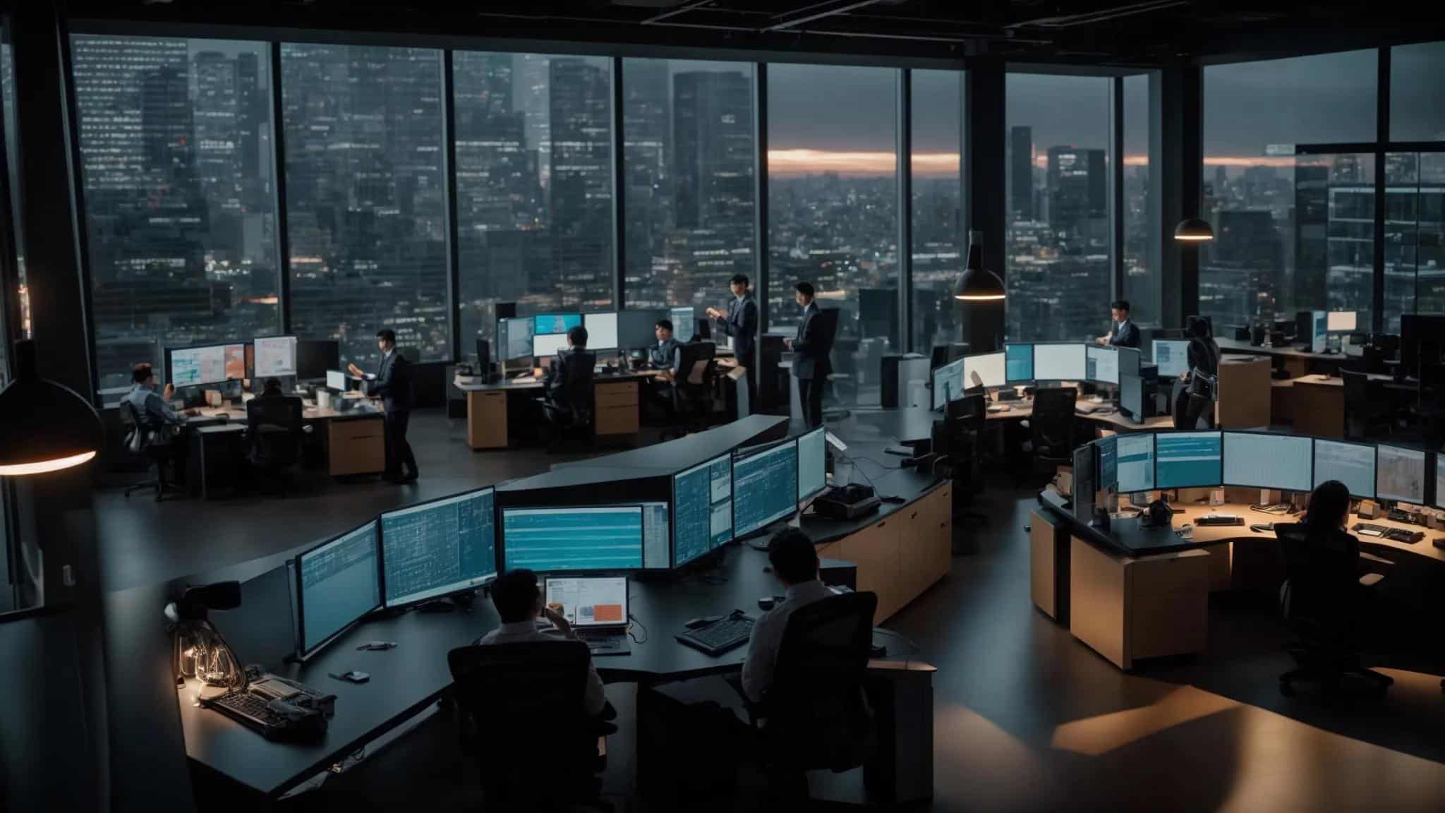 a dynamic urban office scene showcases it professionals collaboratively strategizing around advanced servers and digital interfaces, embodying the essence of agility and adaptability in managed it support services.