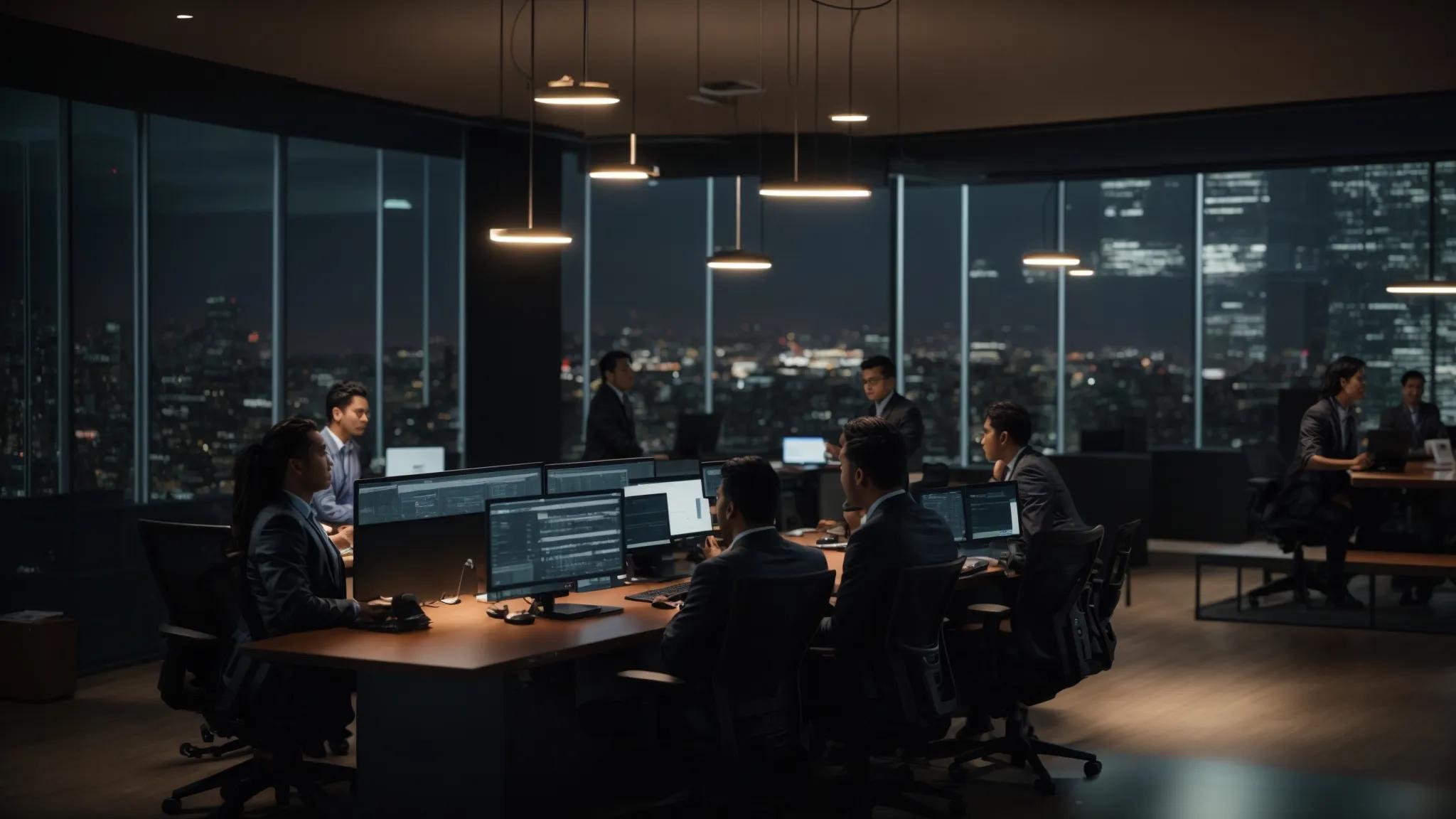 a dynamic urban office setting with it professionals engaged in a collaborative discussion around a sleek conference table, illuminated by modern lighting, showcasing multiple high-tech servers in the background, symbolizing the transformative power of managed it support services for business growth.