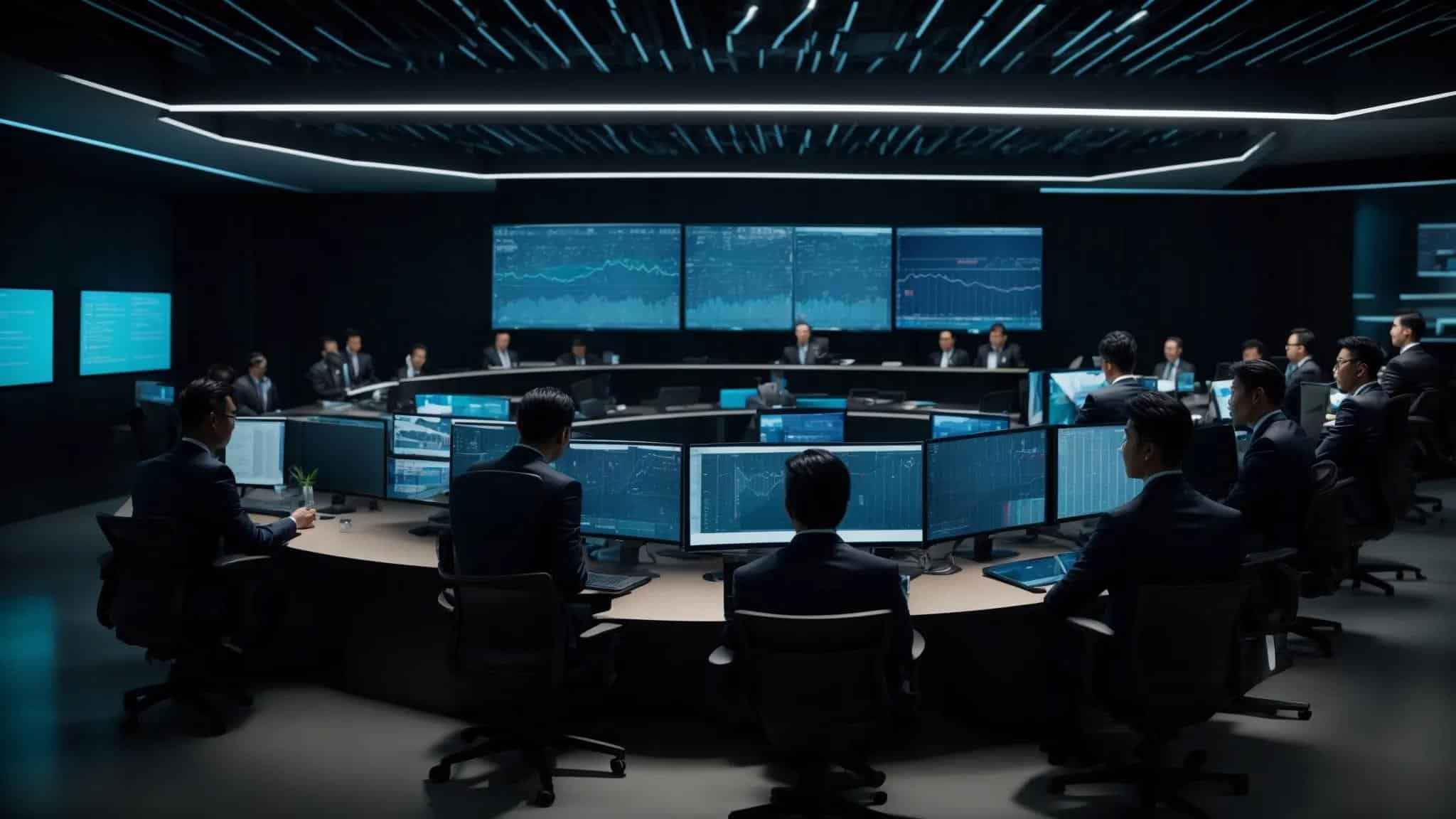 a focused group of it professionals collaborates intensely around a sleek conference table, surrounded by high-tech servers and digital screens displaying cybersecurity analytics, embodying the strategic development of a resilient cybersecurity compliance program.