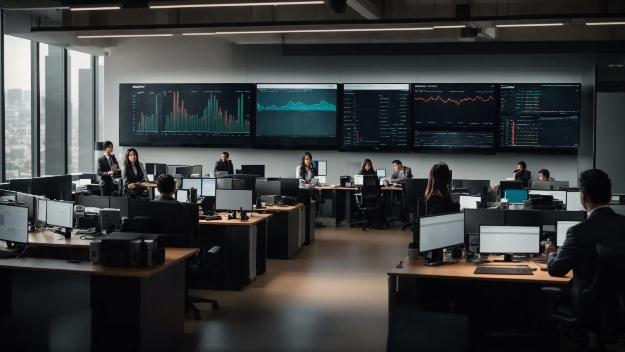 a focused it collaboration scene in a modern office, featuring diverse professionals analyzing a digital dashboard displaying server performance metrics, with an emphasis on transparency in cost structure and service levels against a backdrop of sleek technology equipment.