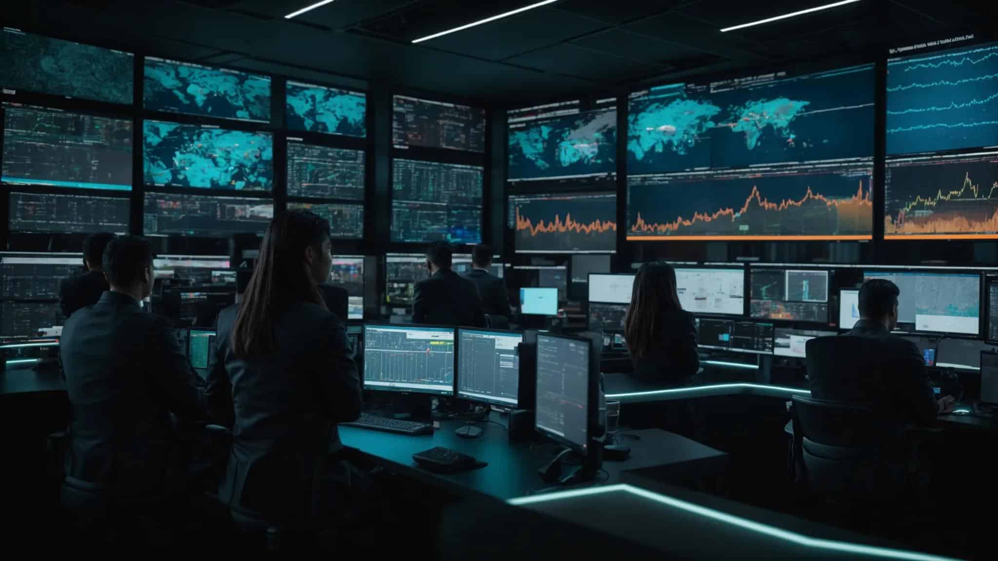 a high-tech command center filled with multiple screens displaying real-time cyber threat data, featuring it professionals in focused collaboration as they analyze anomalies and devise strategies to counter emerging cyber threats.