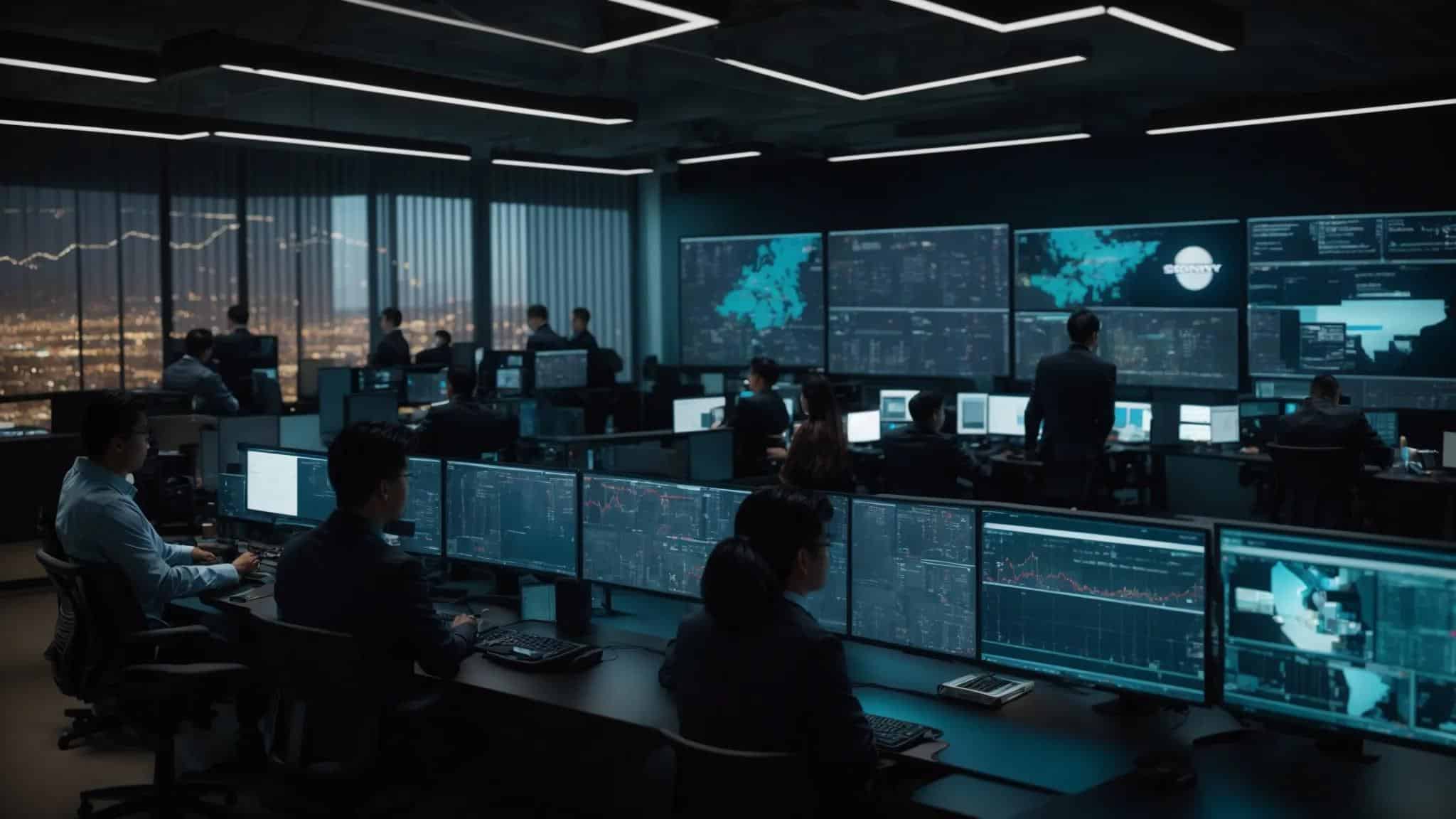 a high-tech cybersecurity operations center featuring a diverse team of it professionals attentively collaborating in front of multiple screens displaying dynamic threat analytics and real-time data, illuminated by the soft glow of led panels in a sleek, modern office environment.