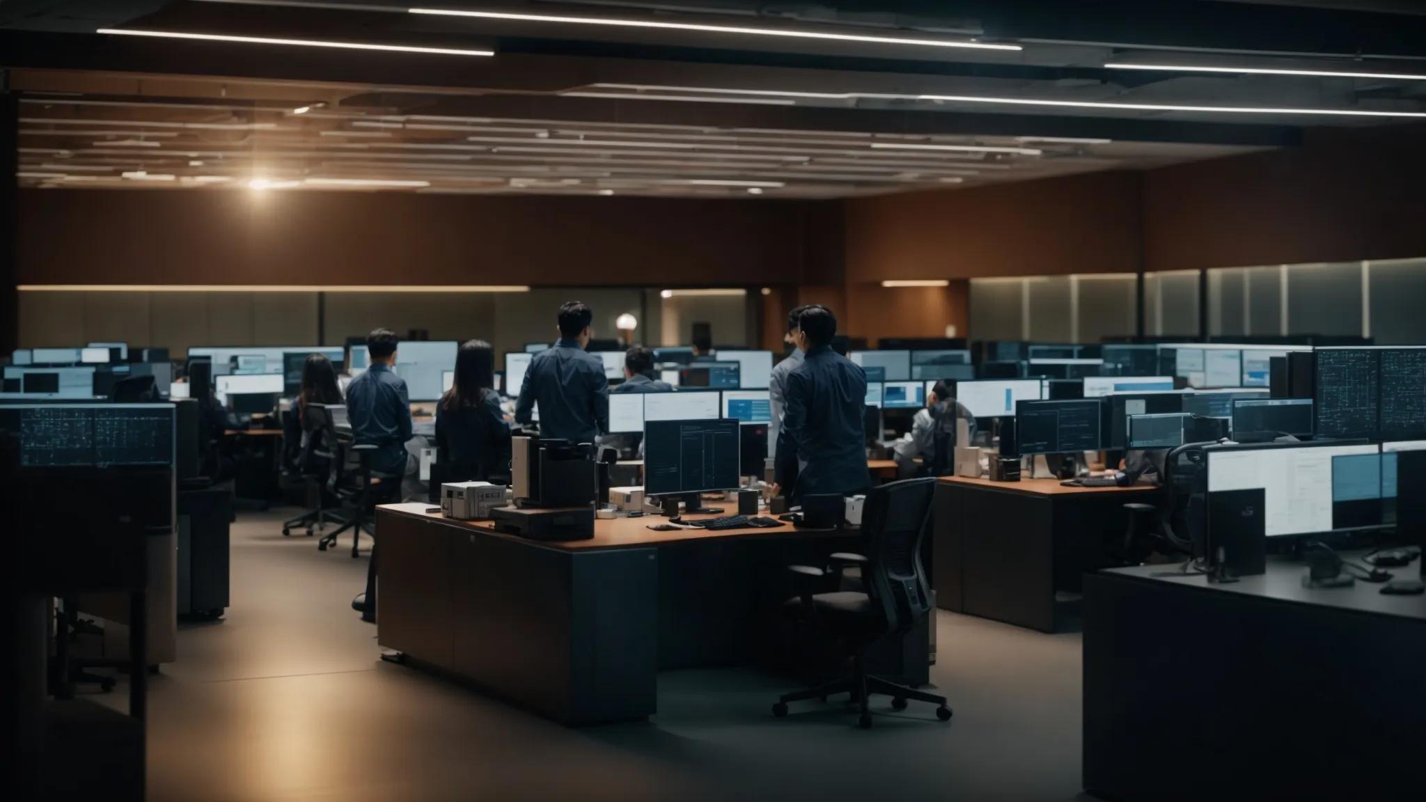 a high-tech office environment features it professionals engaged in intense collaboration around sleek servers, emphasizing robust data security measures and regulatory compliance practices, illuminated by focused artificial lighting that highlights the urgency and importance of safeguarding sensitive information.