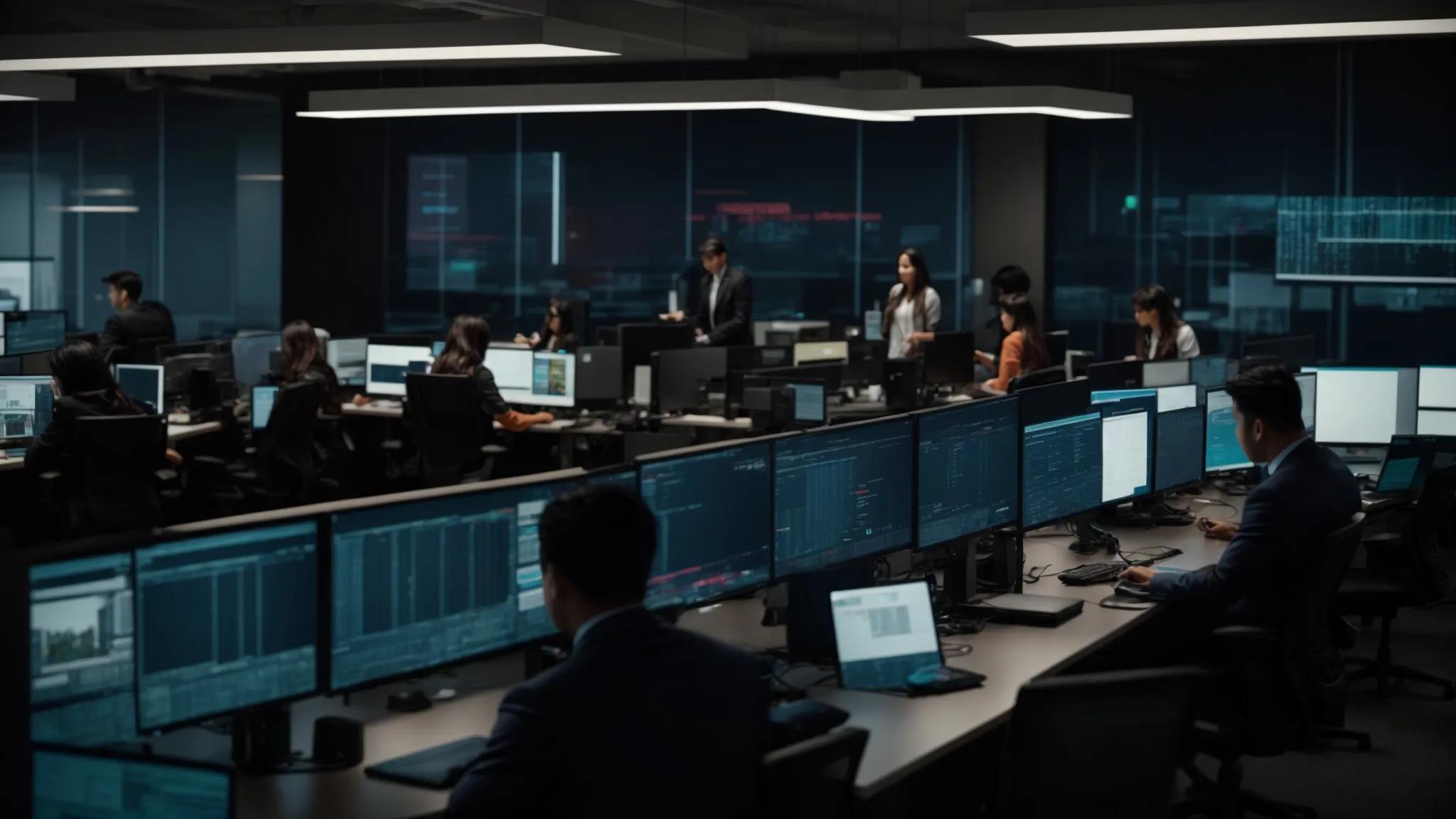a high-tech office environment featuring diverse it professionals collaborating around multiple screens and servers, strategically analyzing cybersecurity metrics while discussing threat detection and response strategies under bright, focused lighting.