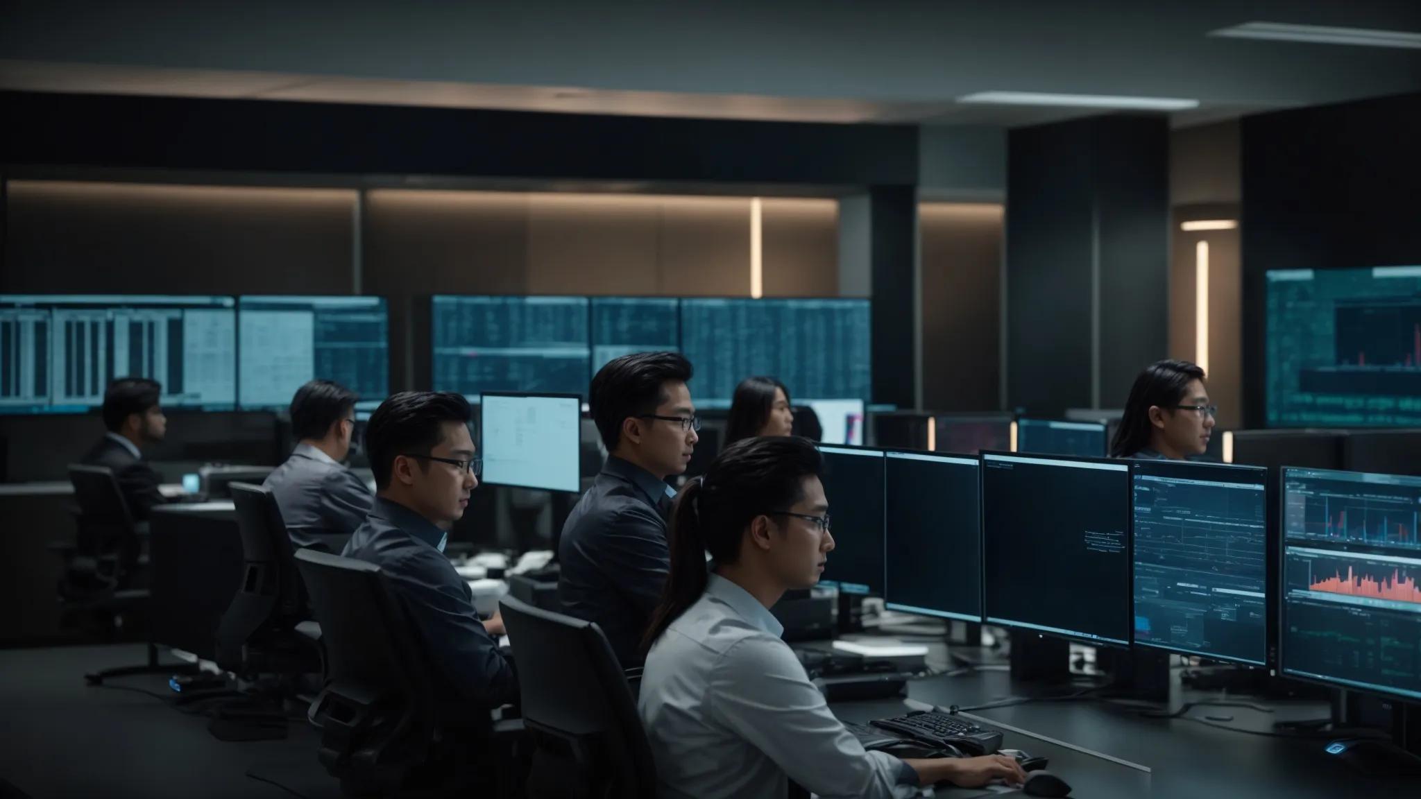 a high-tech office environment showcases a diverse team of it professionals collaboratively monitoring advanced cybersecurity dashboards on large screens, with sleek servers and technology-rich workstations in the background, emphasizing the seamless integration of cybersecurity and it services.