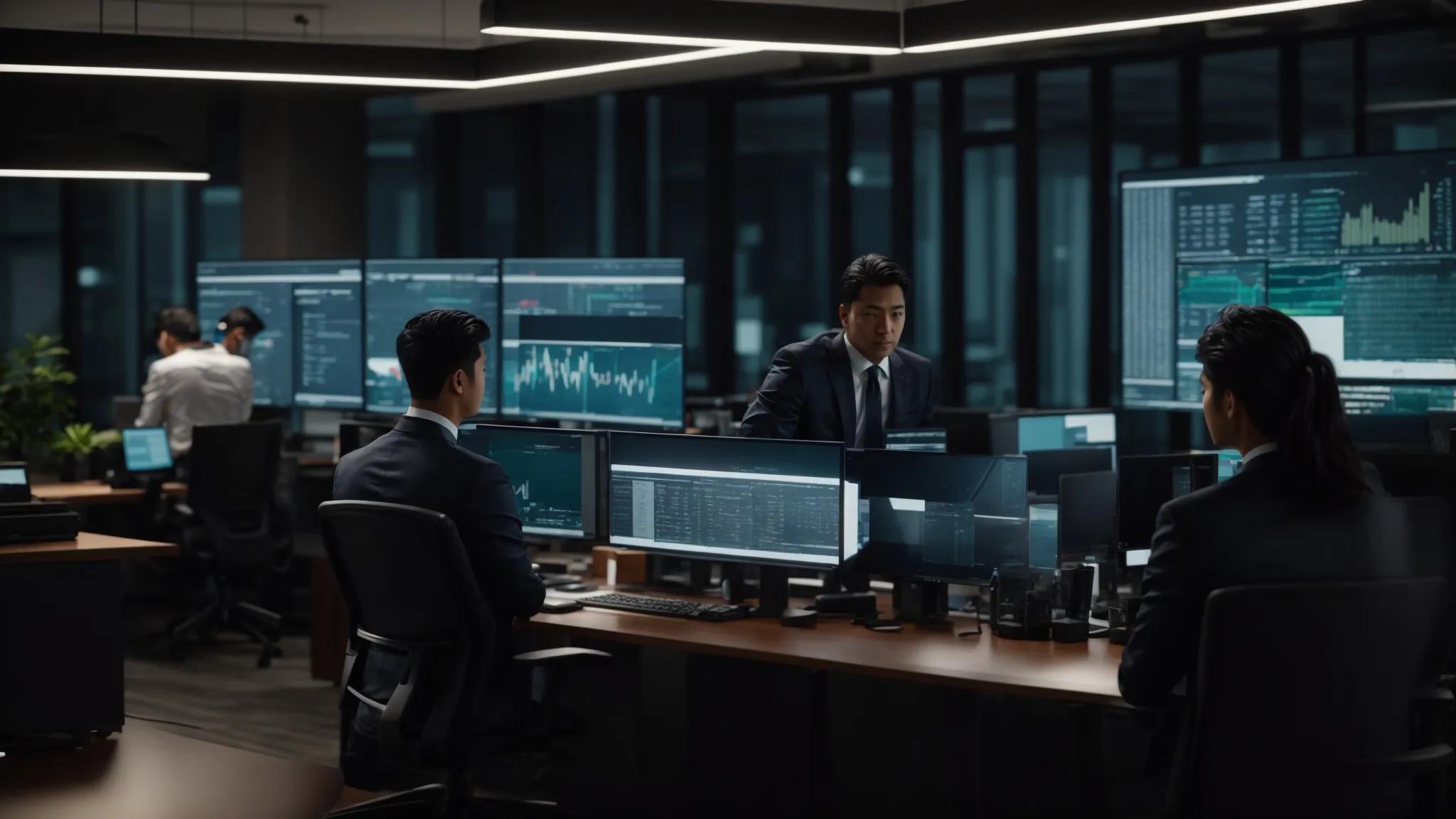 a modern corporate office environment showcases a diverse team of it professionals collaboratively analyzing cybersecurity compliance data on sleek monitors, surrounded by diagrams and digital interfaces that emphasize regulatory frameworks and proactive security measures.