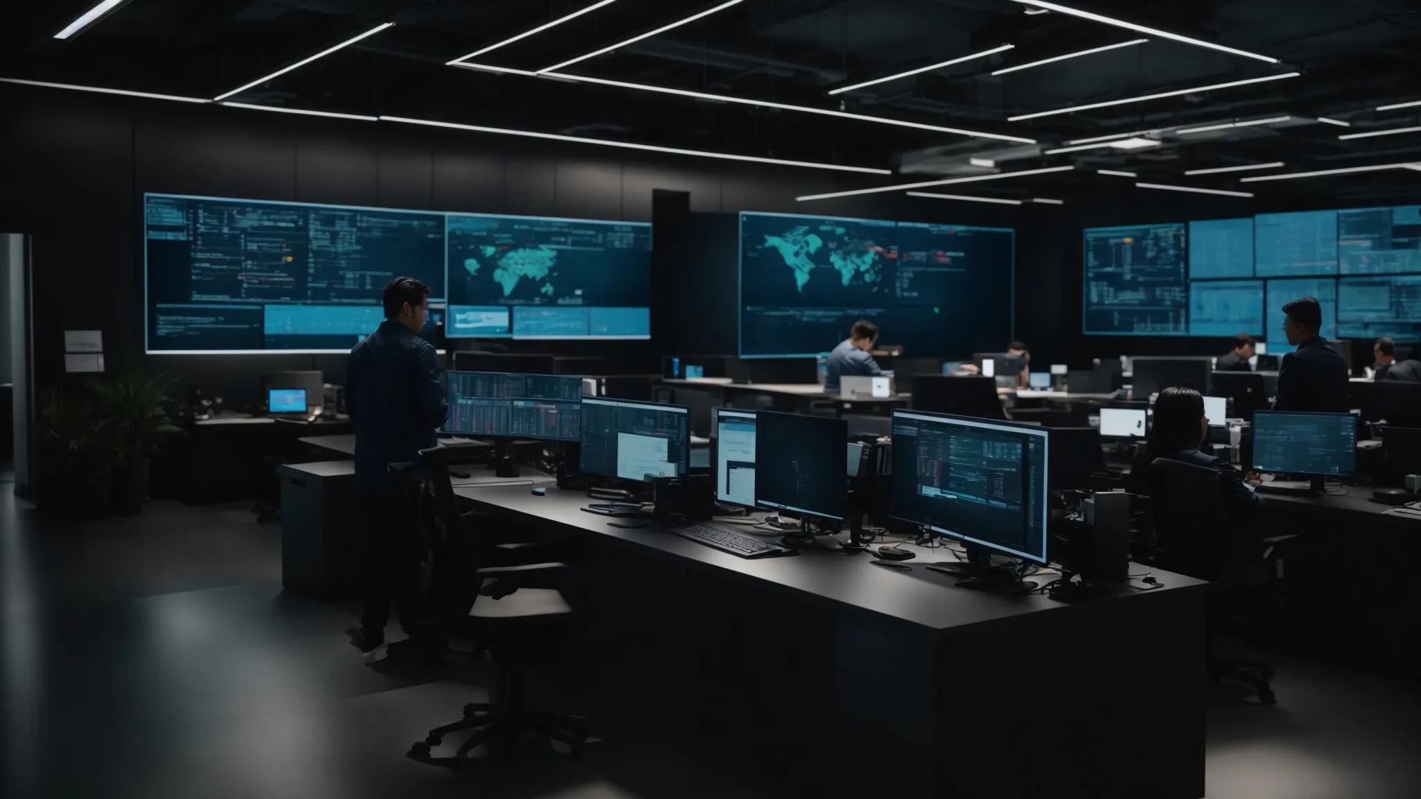a modern it office filled with professionals collaborating around sleek workstations, screens displaying complex cybersecurity data, emphasizing the critical role of advanced endpoint protection solutions against cyber threats.