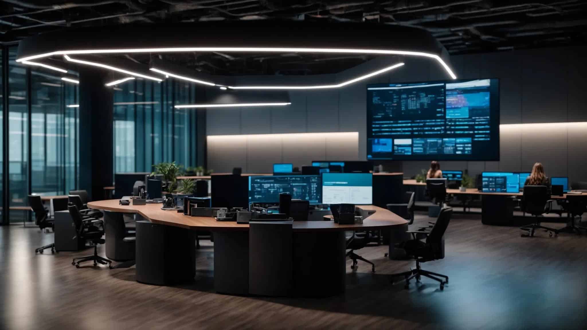 a modern it service provider's collaborative office space, showcasing professionals engaged in strategic discussions around a sleek conference table, surrounded by advanced servers and digital screens displaying integrated service packages.