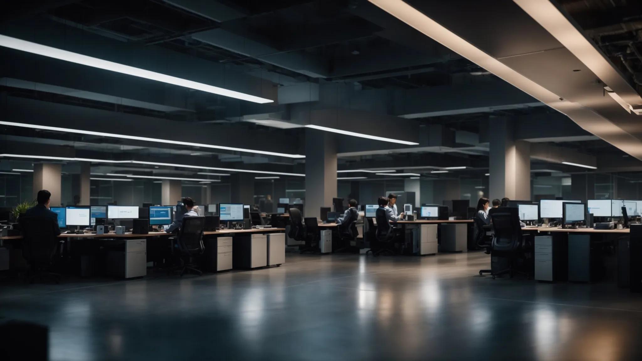 a modern office environment featuring it professionals collaborating around sleek computers and server racks, analyzing cost structures and budget considerations for it support services, illuminated by clean, professional lighting.