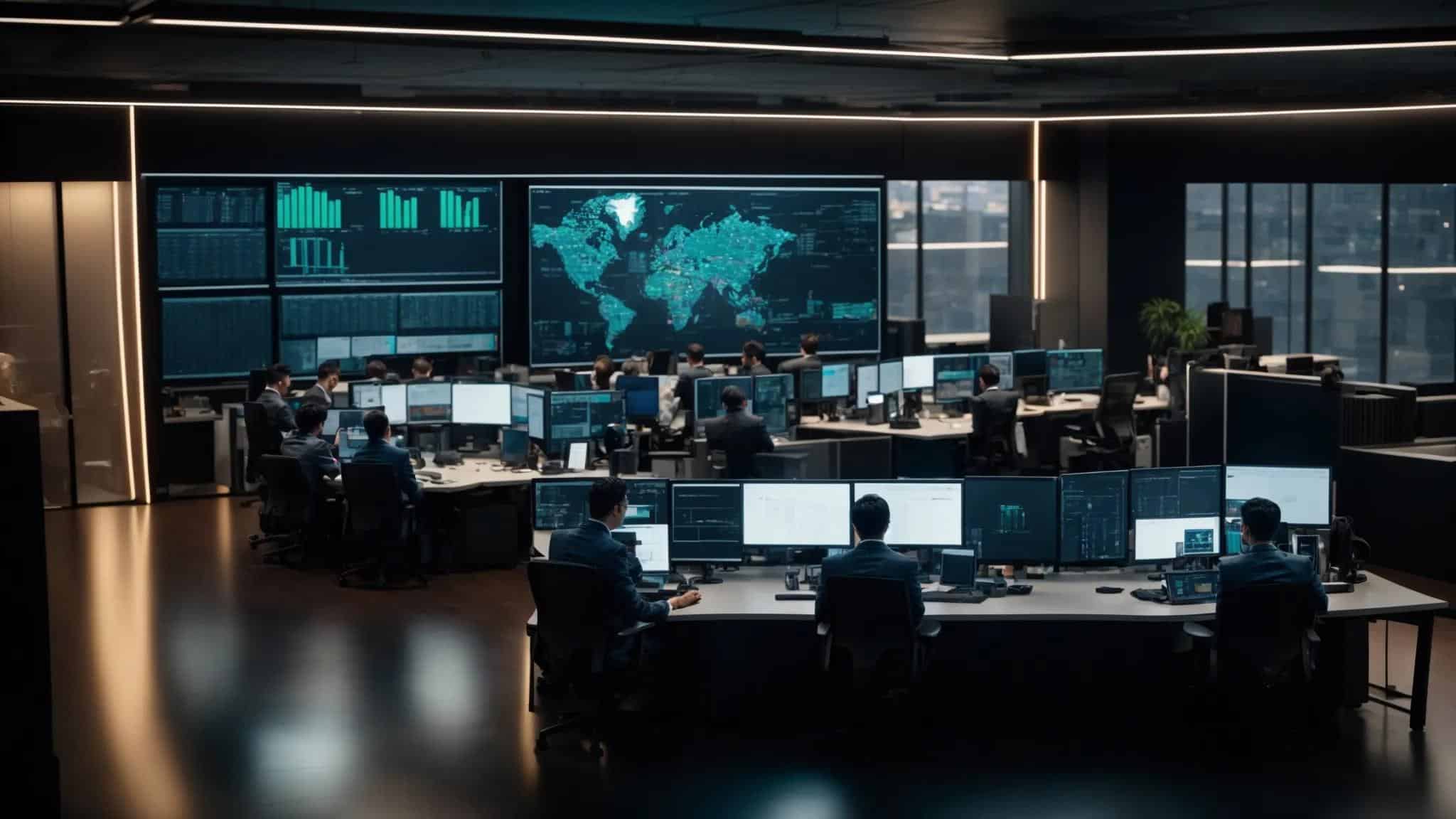 a modern office environment showcases a diverse group of it professionals collaborating around a sleek conference table, surrounded by digital screens displaying network monitoring data and cybersecurity metrics, symbolizing the efficiency and innovation of managed it support services.