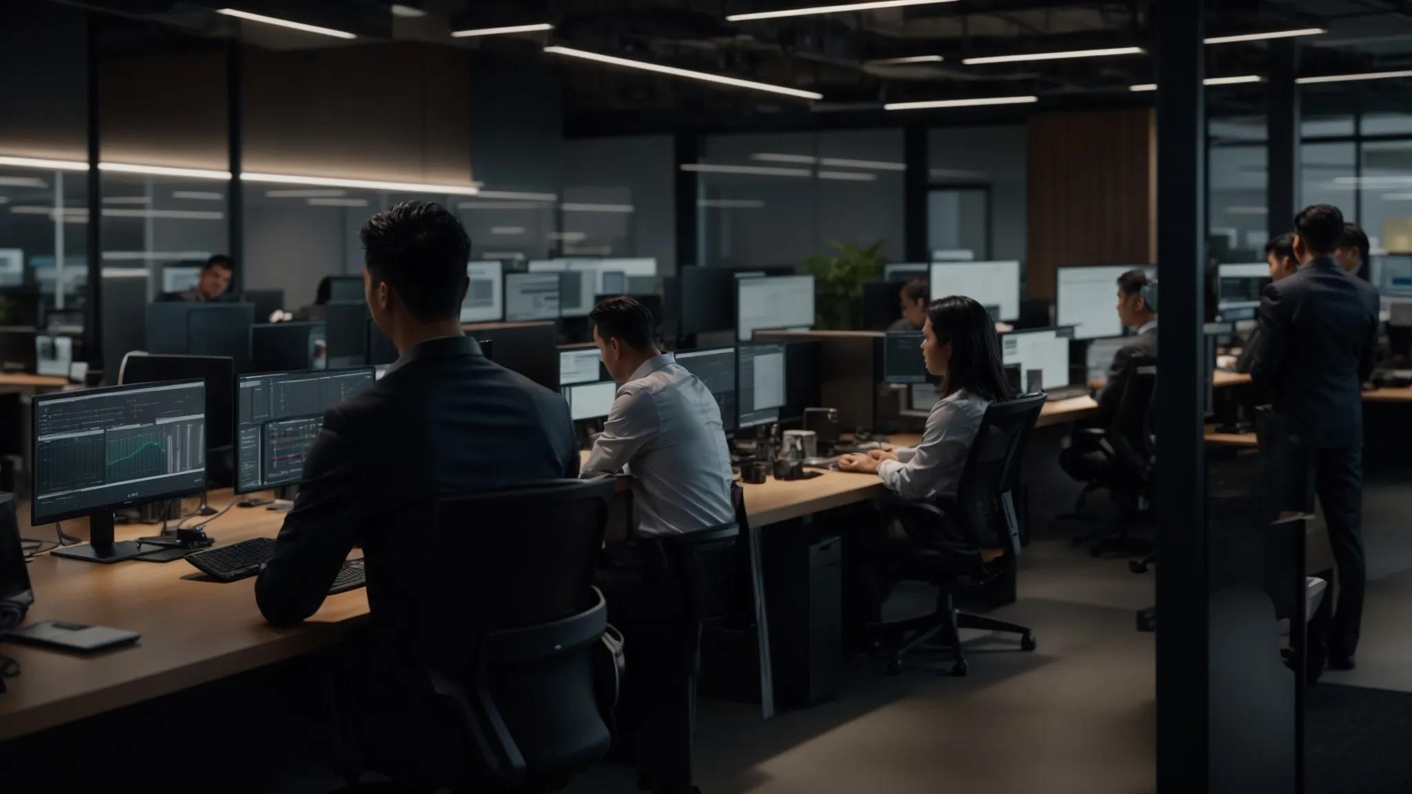 a modern office environment showcases a diverse team of it professionals engaged in collaboration around sleek servers, with digital displays illustrating cybersecurity metrics and risk assessments, emphasizing the importance of managed services in today's business landscape.