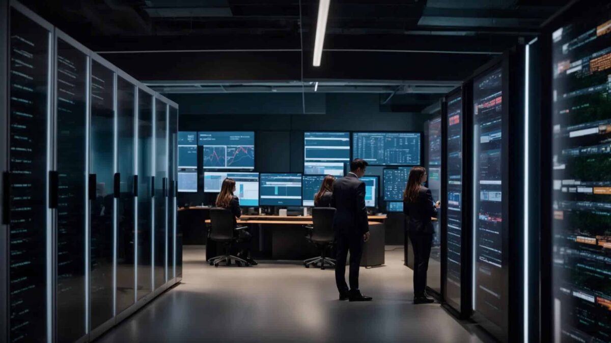 a modern office environment showcases it professionals engaged in vibrant discussions around sleek server racks, with digital screens displaying analytics, emphasizing the critical factors in evaluating managed service provider pricing.