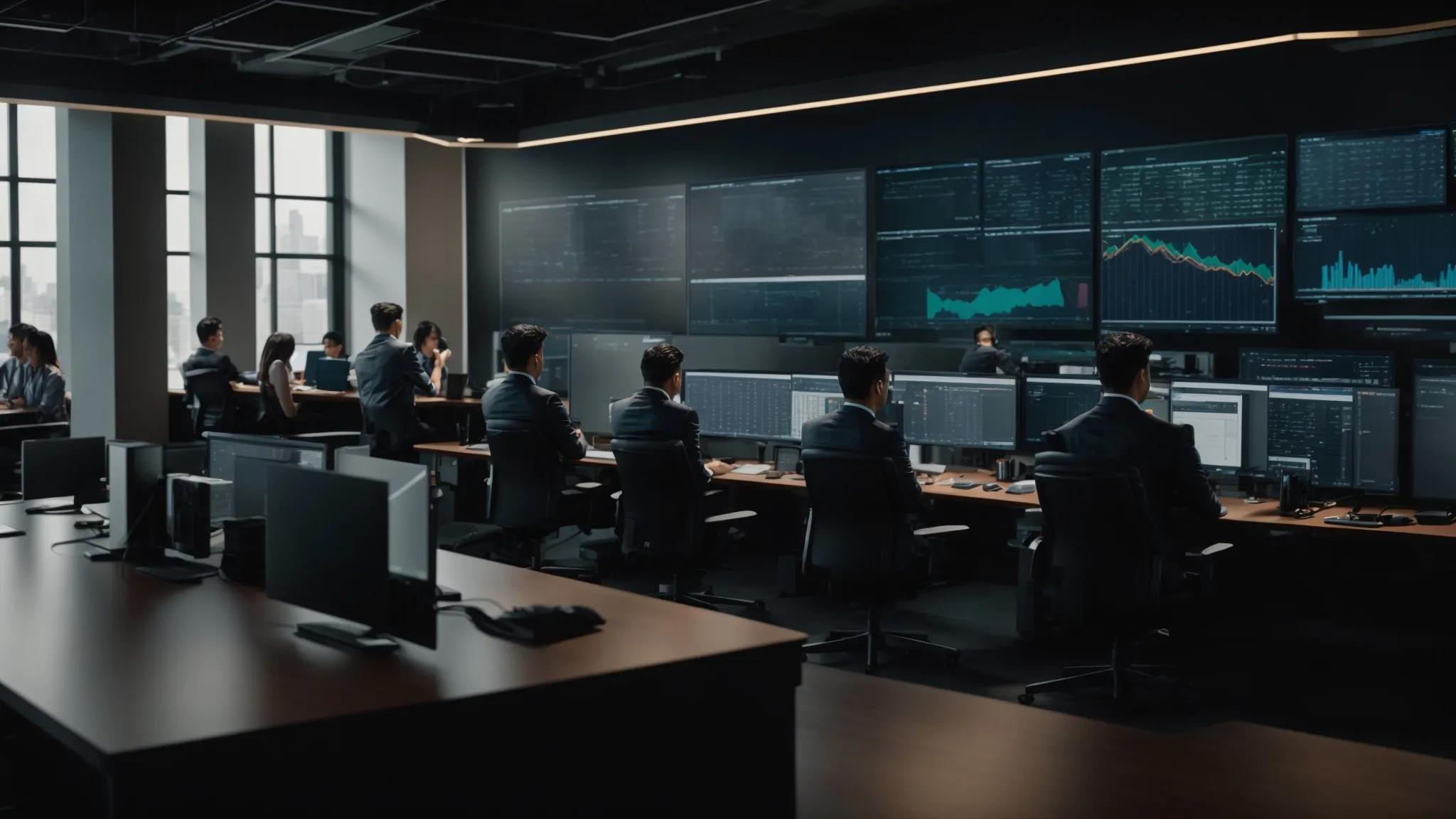a modern office environment showcases it professionals collaborating around sleek servers, with large screens displaying real-time cybersecurity analytics, emphasizing the seamless integration of security and it support.