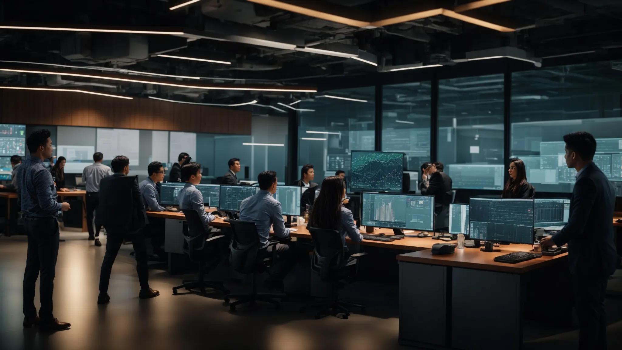 a modern office environment showcasing it professionals engaged in a dynamic discussion around multiple high-tech servers, illuminated by vibrant screens displaying analytics and cybersecurity metrics.