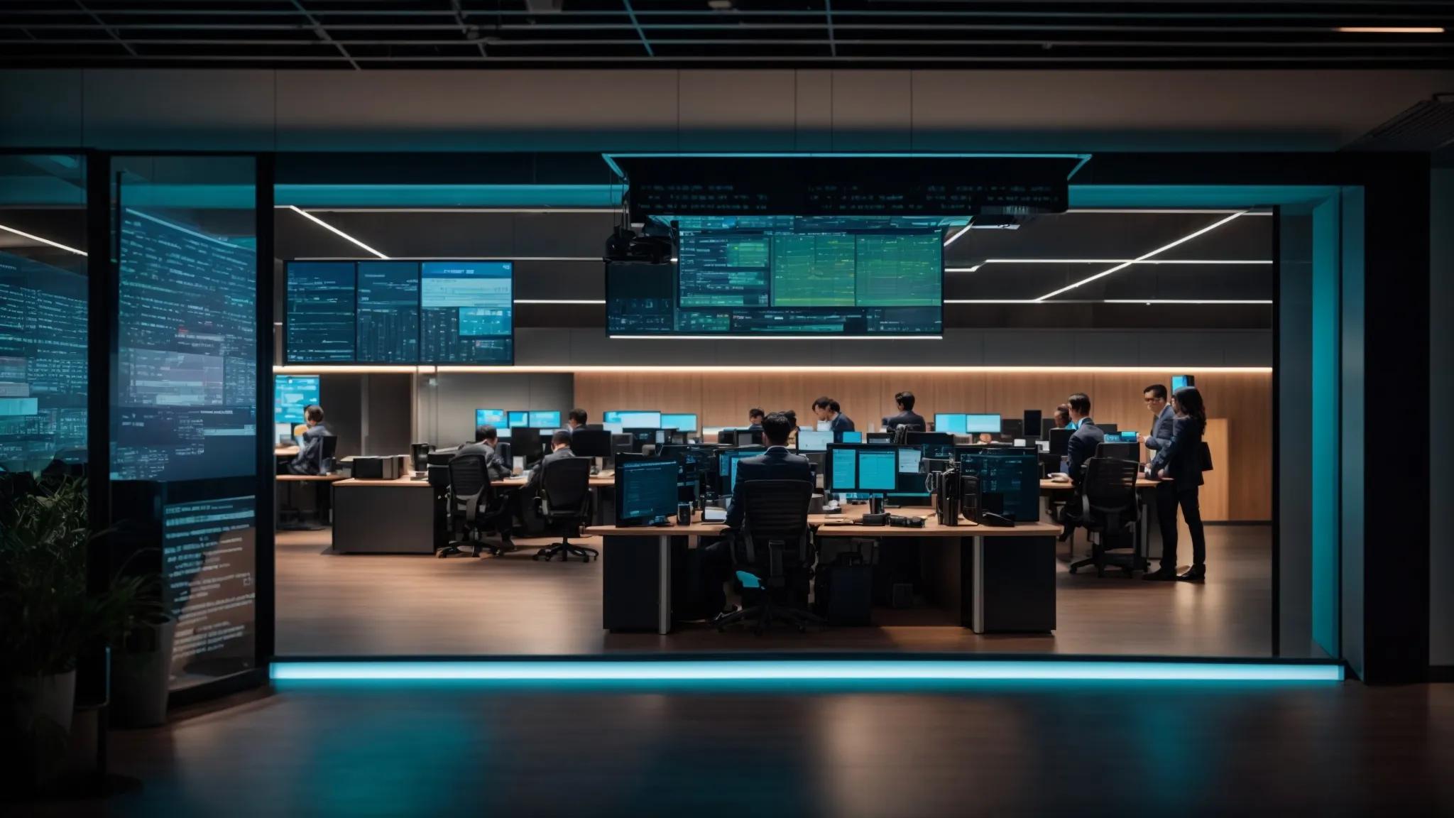 a modern office setting features it professionals engaged in a dynamic discussion around sleek servers, illuminated by vibrant screens displaying complex pricing models and service agreements, reflecting the intricate structures of managed service provider pricing.