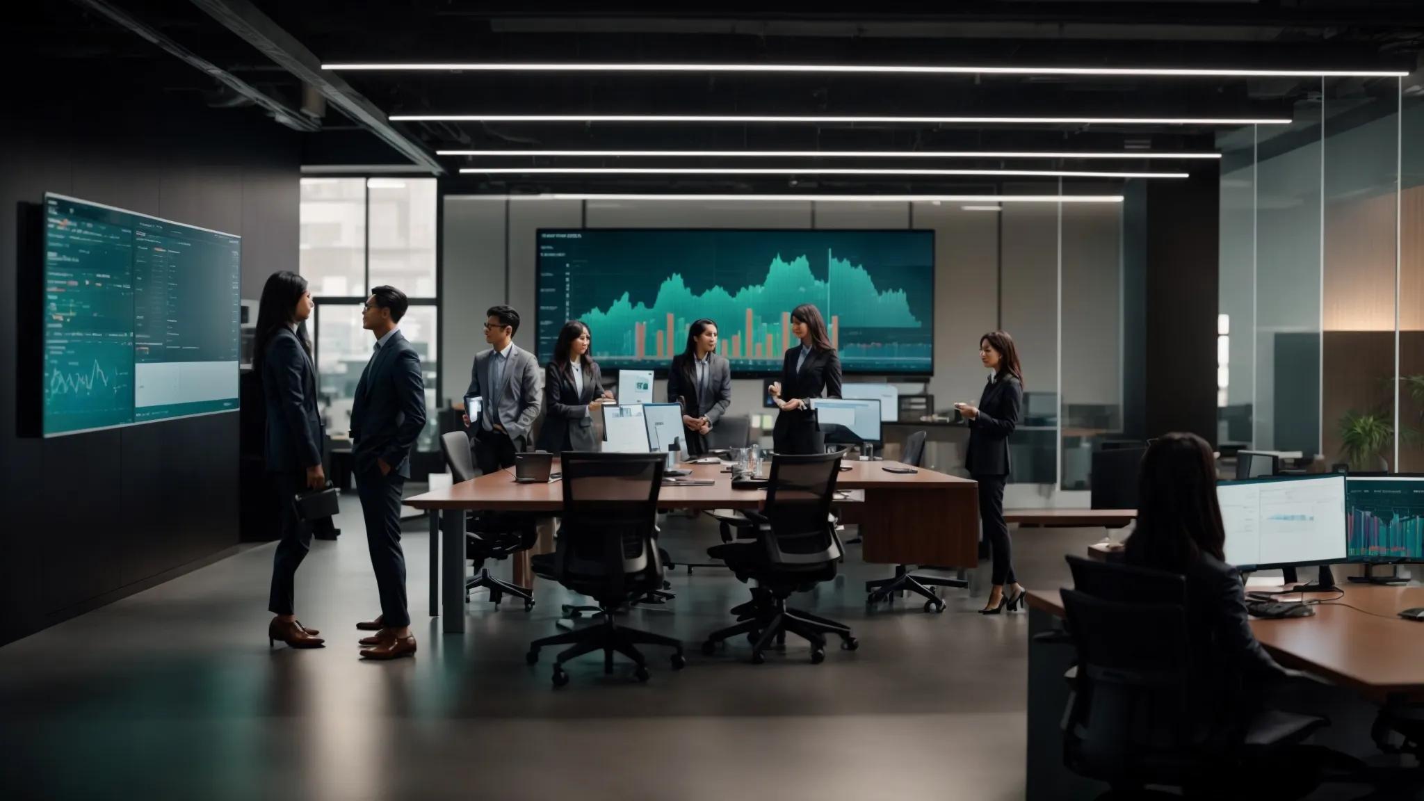 a modern office setting with it professionals engaged in collaborative discussions around a sleek conference table, analyzing vibrant data visualizations on digital screens that highlight key metrics for determining fair msp pricing.
