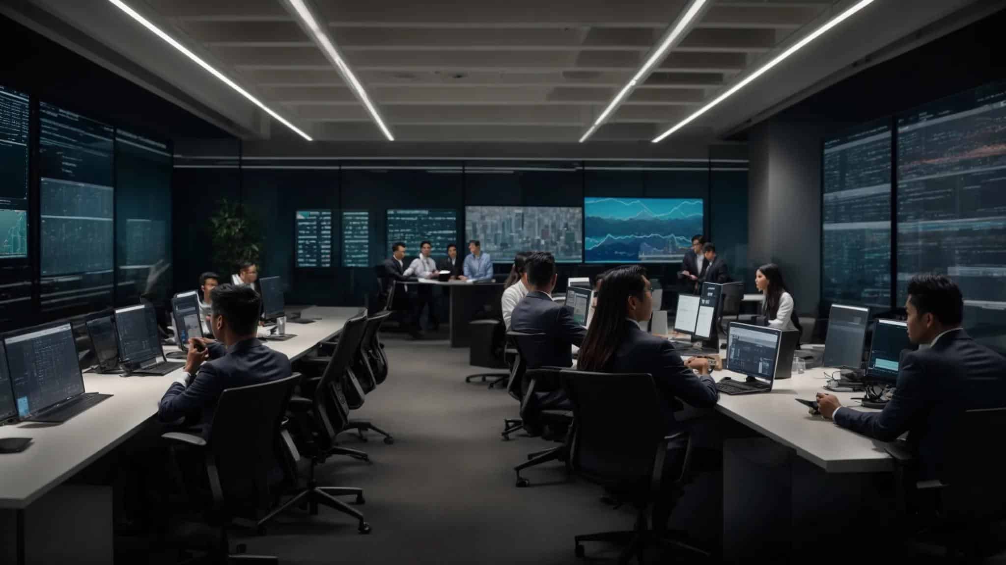 a modern office space features it professionals engaged in a collaborative discussion around a sleek conference table, with digital screens displaying complex data center architectures and cybersecurity analytics, highlighting the critical evaluation of managed service partner requirements.