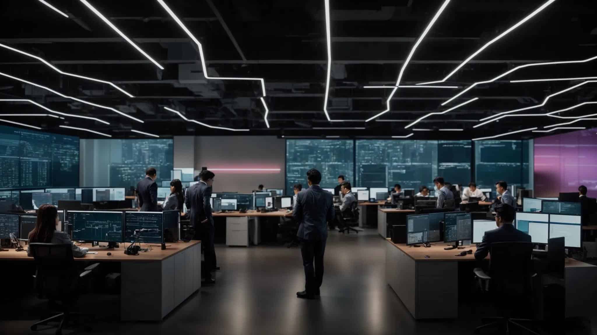 a modern office space filled with diverse it professionals collaboratively assessing a digital dashboard showcasing scalable infrastructure solutions and future-proofing strategies, illuminated by dynamic ambient lighting.