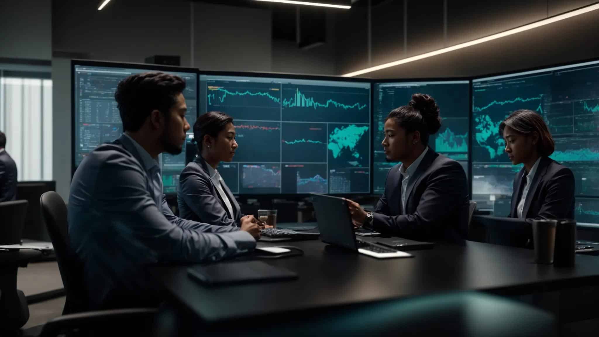 a modern office with it professionals engaged in a collaborative discussion around a large digital dashboard displaying cybersecurity metrics, servers in the background, highlighting the integration of technology and teamwork in optimizing cybersecurity infrastructure.