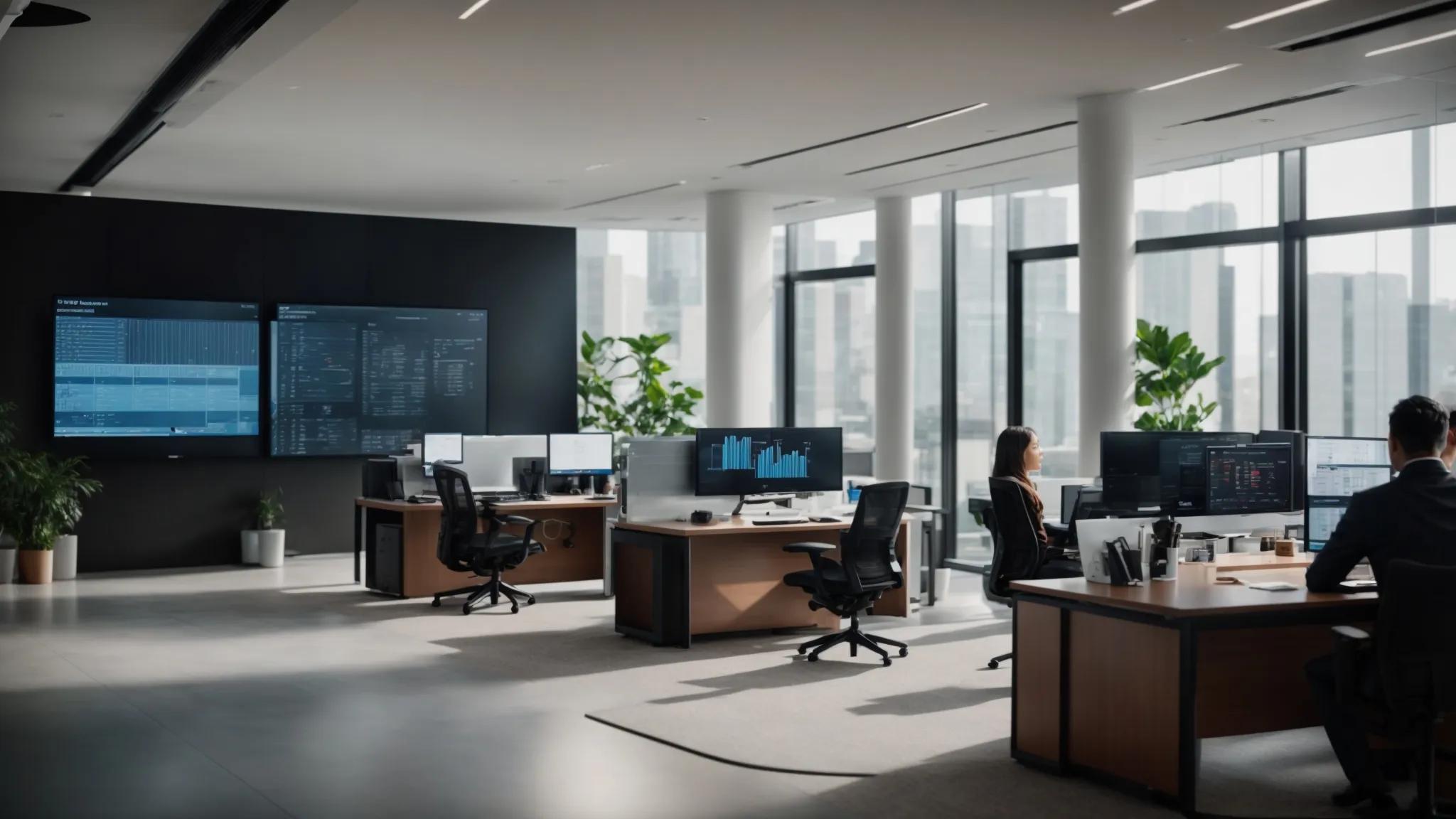 a sleek, modern office environment showcases it professionals engaged in collaborative discussions around a large digital display, with servers and advanced technology in the background emphasizing the financial efficiency of managed it support services.