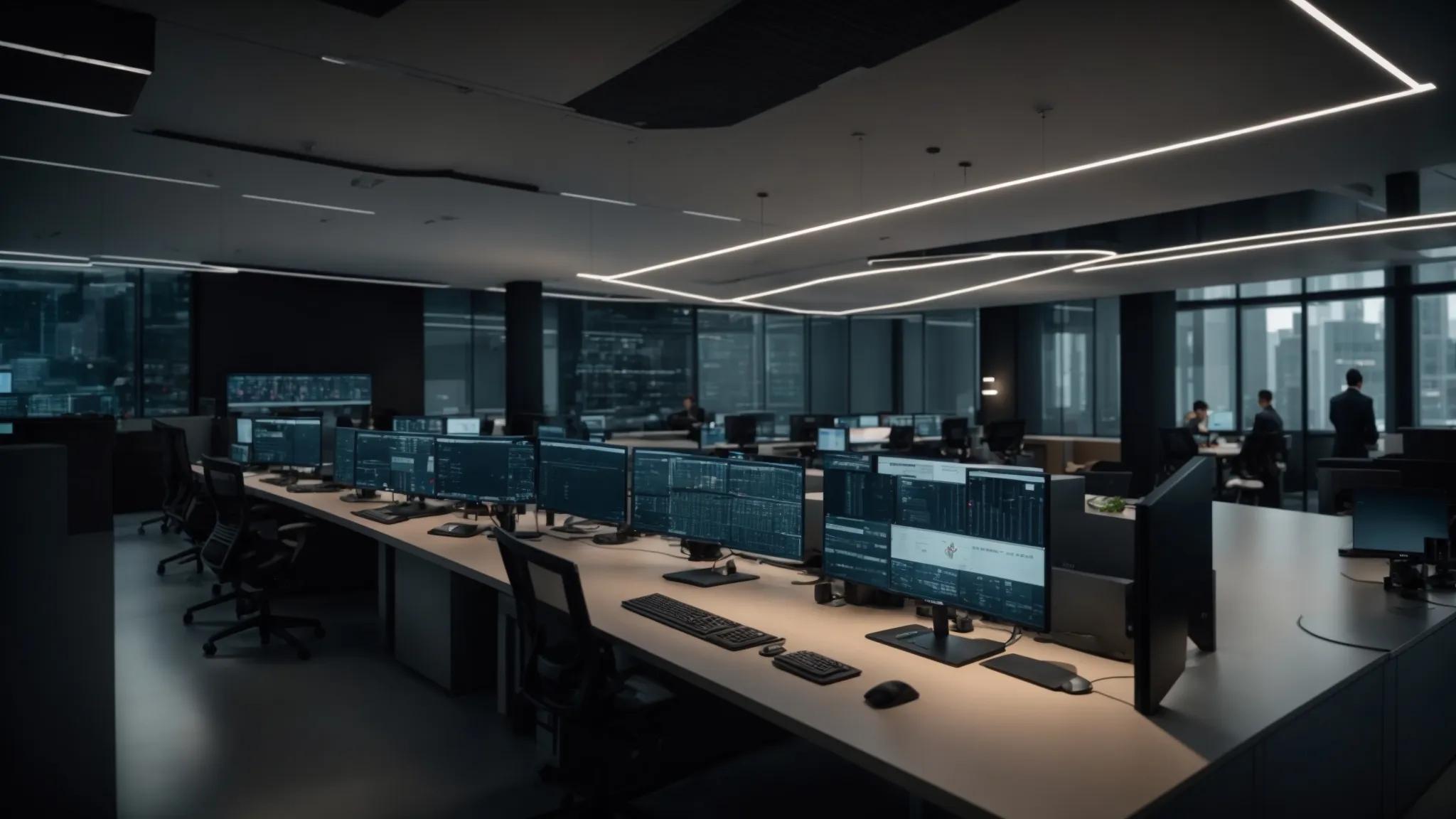 a sleek, modern office filled with advanced servers and busy it professionals collaborating around a large digital display, showcasing network security tools and analytics to emphasize their role in defending against cyber threats.