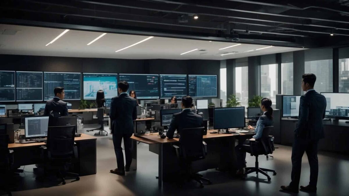 a sleek modern office setting features a diverse group of it professionals engaged in a collaborative discussion over a large digital display showcasing a comparison of managed it services, with servers and high-tech equipment subtly integrated into the background.