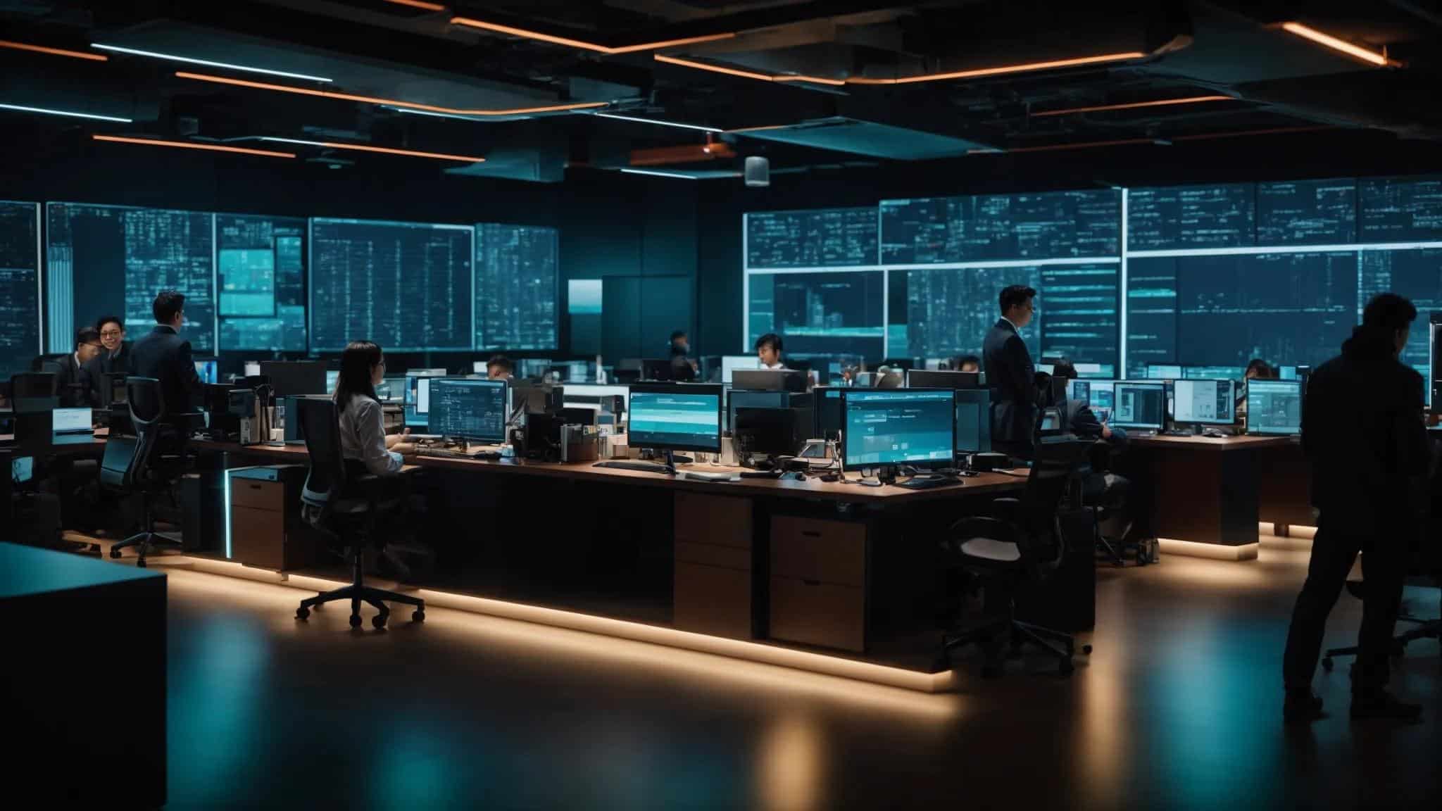 a vibrant urban office setting showcases a team of it professionals collaborating over a digital dashboard filled with cybersecurity metrics, surrounded by sleek servers and high-tech equipment, embodying the proactive implementation of advanced cybersecurity measures.