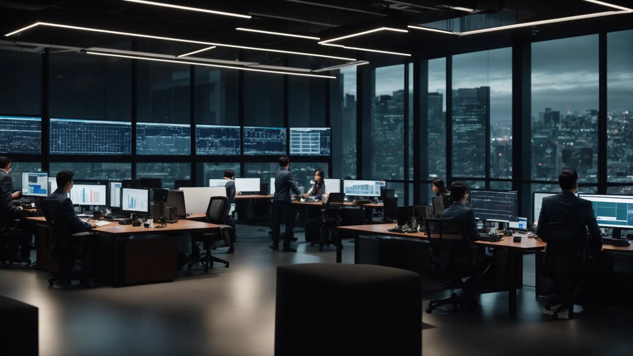 in a sleek, modern office environment, a diverse team of it professionals collaborates around a large digital dashboard, analyzing real-time data metrics that highlight the seamless scalability and performance of advanced cloud infrastructure systems.