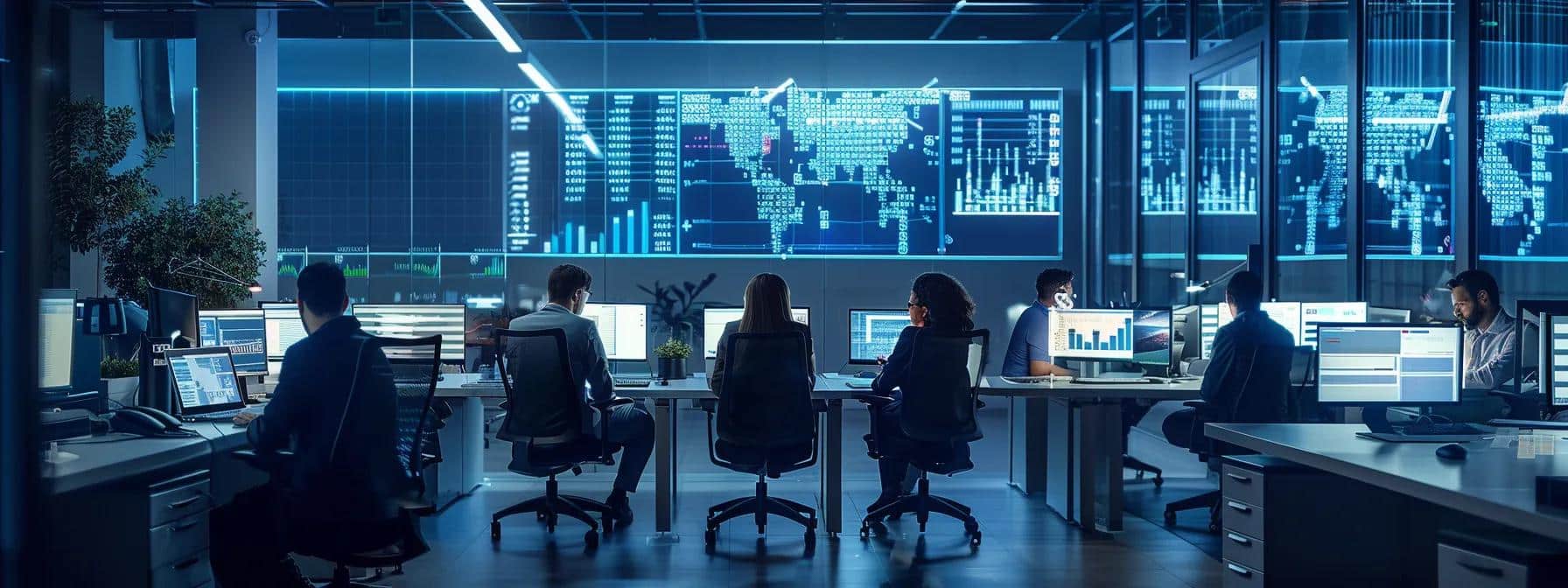 a dynamic office environment showcases a team of cybersecurity professionals collaboratively analyzing a complex digital dashboard displaying security metrics and vulnerability assessments of a ci/cd pipeline.