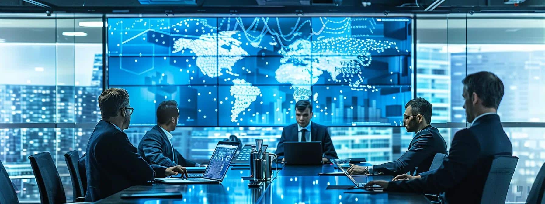 a focused business meeting is taking place in a sleek, modern conference room, with professionals analyzing a digital incident response plan displayed on a large screen, highlighting the intricacies of cybersecurity challenges and strategic solutions in a dynamic urban office setting.