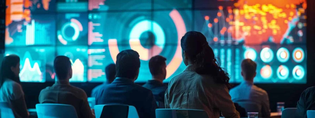 a focused corporate training room filled with engaged professionals watching an animated presentation on cybersecurity awareness, with vivid infographics projected on a large screen illuminating their attentive expressions.