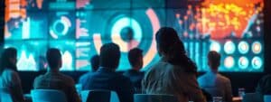 a focused corporate training room filled with engaged professionals watching an animated presentation on cybersecurity awareness, with vivid infographics projected on a large screen illuminating their attentive expressions.
