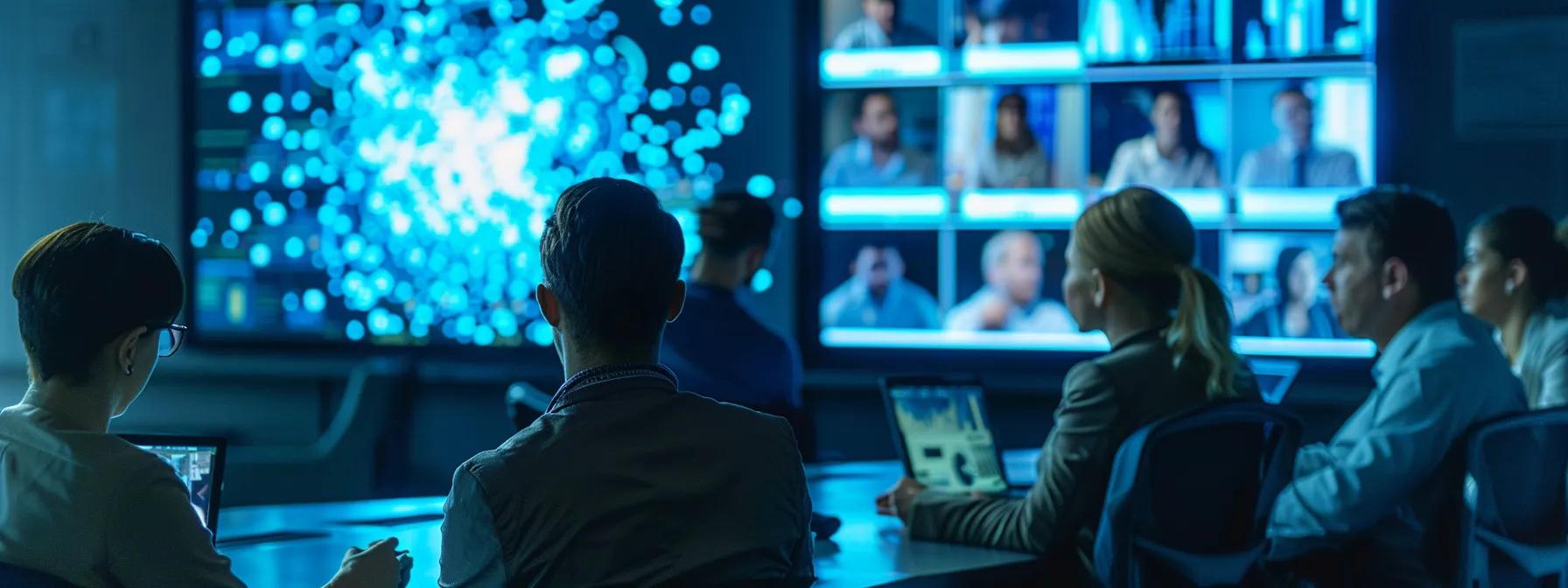 a focused office environment showcases a diverse group of engaged employees participating in an interactive cybersecurity awareness training session, with dynamic visuals on a large screen highlighting potential cyber threats.