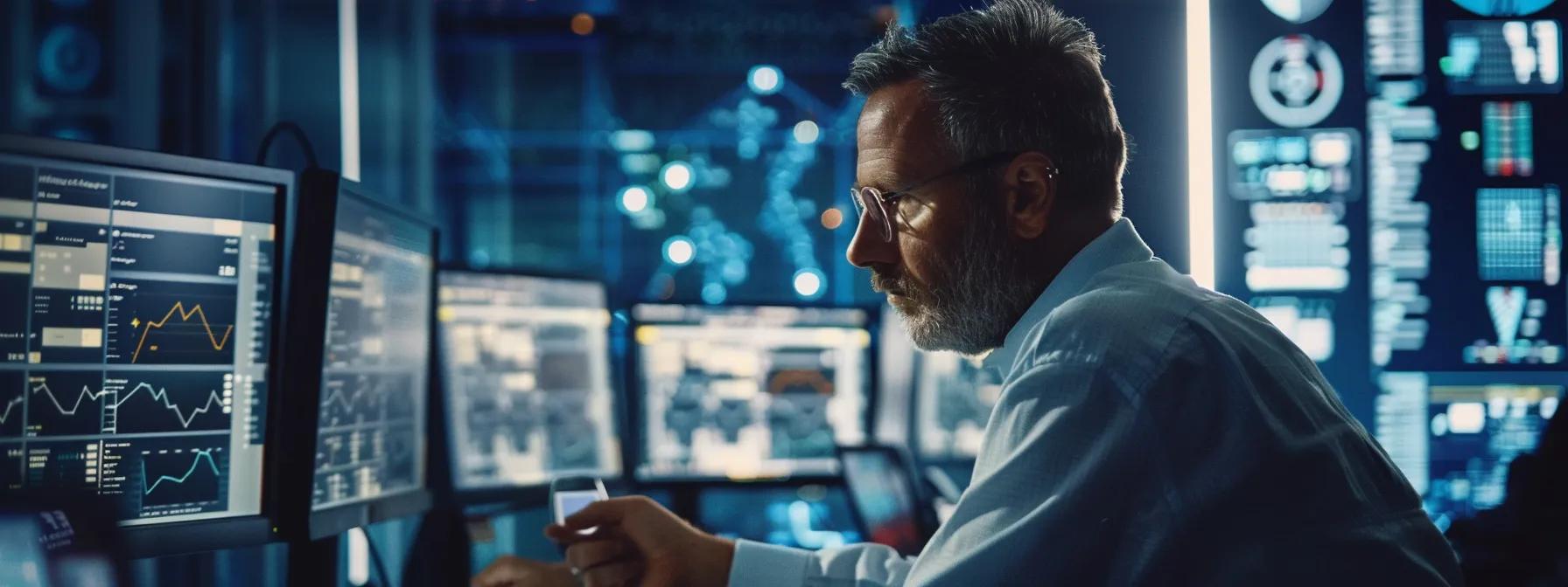 a focused office scene captures a professional conducting a thorough vendor risk assessment, surrounded by high-tech screens displaying automated security ratings and detailed risk assessment questionnaires, illuminated by bright, sterile lighting to emphasize the precision and importance of cybersecurity evaluation.