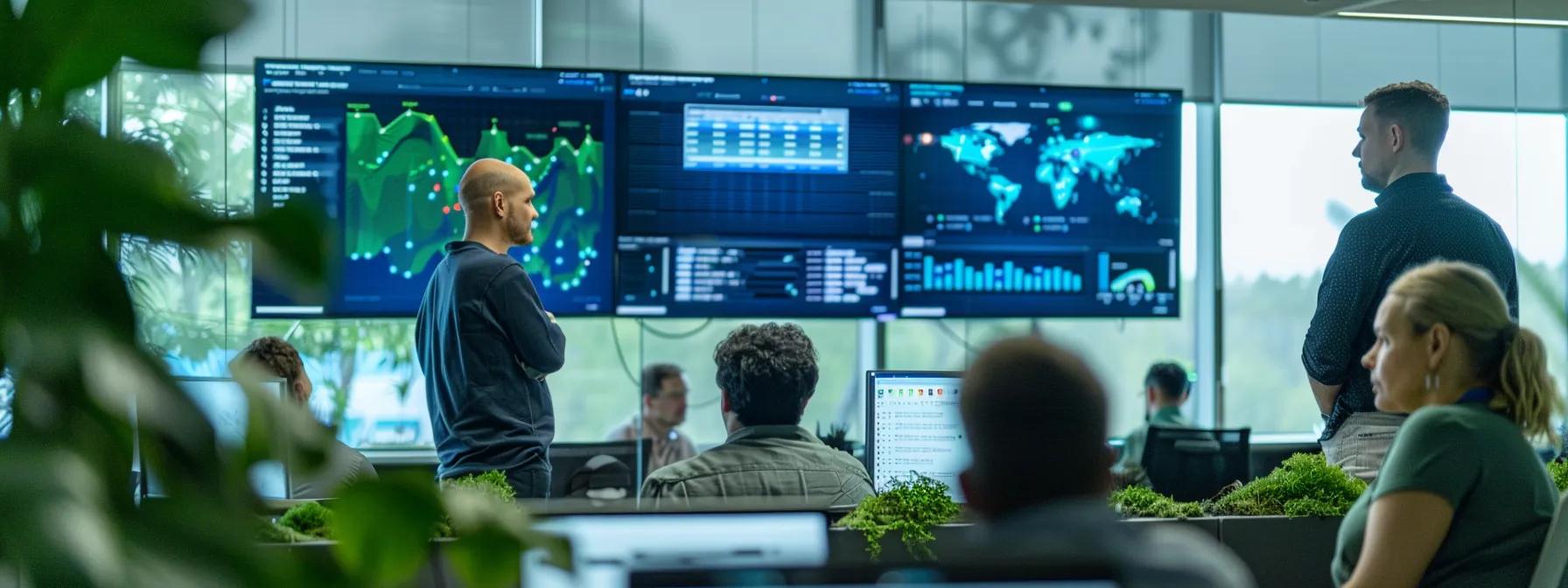 a focused office setting depicts a diverse team of it professionals engaged in a vibrant discussion around a digital dashboard displaying complex vulnerability assessment metrics, with screens reflecting real-time data and evolving cyber threats, emphasizing the urgency and intricacies of proactive cybersecurity measures.