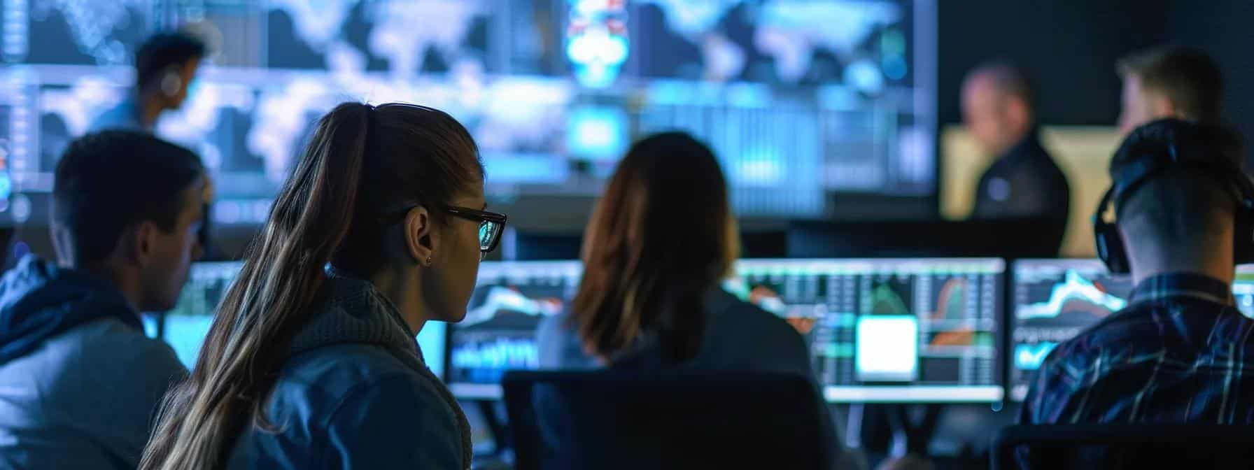 a focused remote team engaged in an interactive virtual security awareness training session, surrounded by screens displaying cybersecurity metrics and simulated phishing alerts, reflecting an environment of active learning and vigilance against cyber threats.