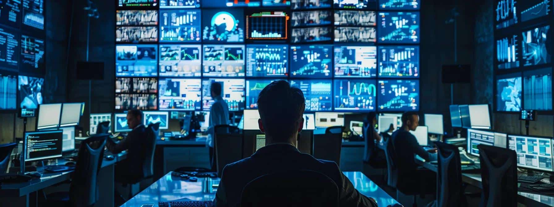 a high-tech, dimly lit control room filled with multiple screens displaying cybersecurity data and alerts, showcasing urgent team members coordinating a strategic response to a ransomware attack.
