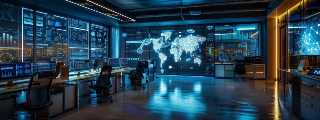 a high-tech office featuring sleek monitors displaying complex network security analytics, illuminated by dynamic led lights, emphasizing the advanced capabilities of next-gen firewalls and intrusion prevention systems.