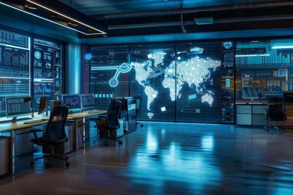 a high-tech office featuring sleek monitors displaying complex network security analytics, illuminated by dynamic led lights, emphasizing the advanced capabilities of next-gen firewalls and intrusion prevention systems.