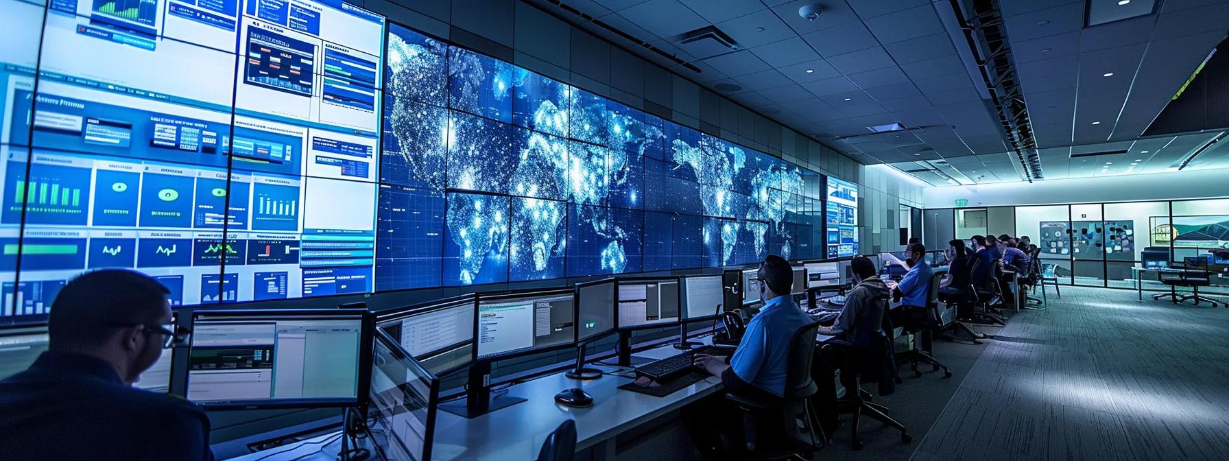 a modern, high-tech security operations center buzzes with activity, where analysts monitor large digital screens displaying real-time threat data and analytics, capturing the essence of security information and event management (siem) in action.
