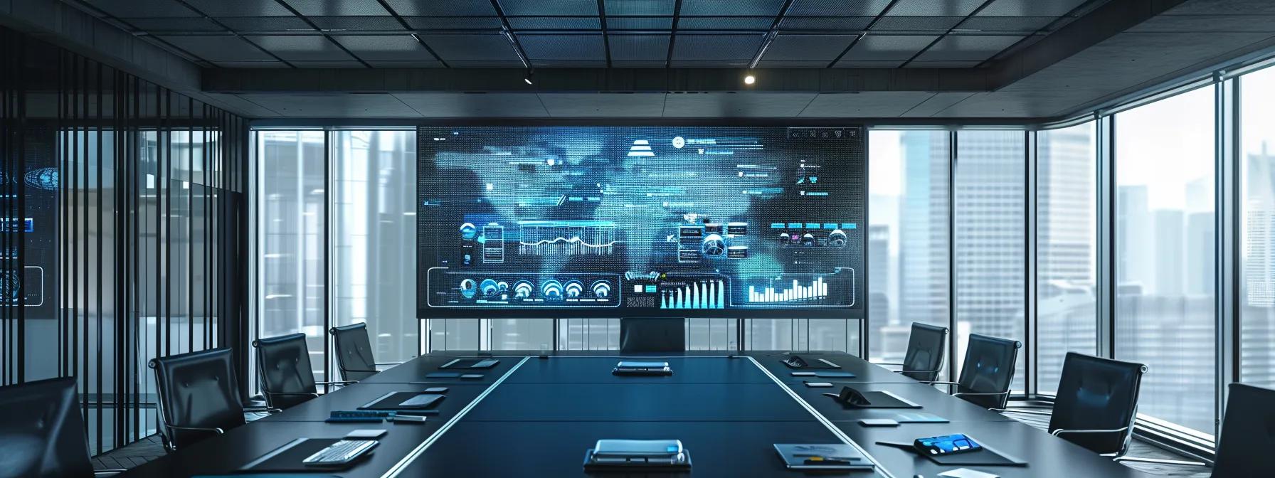 a modern office conference room features a sleek digital display showcasing a vibrant infographic on zero trust architecture solutions, emphasizing critical cybersecurity elements like features, scalability, and vendor expertise, illuminated by focused overhead lighting.