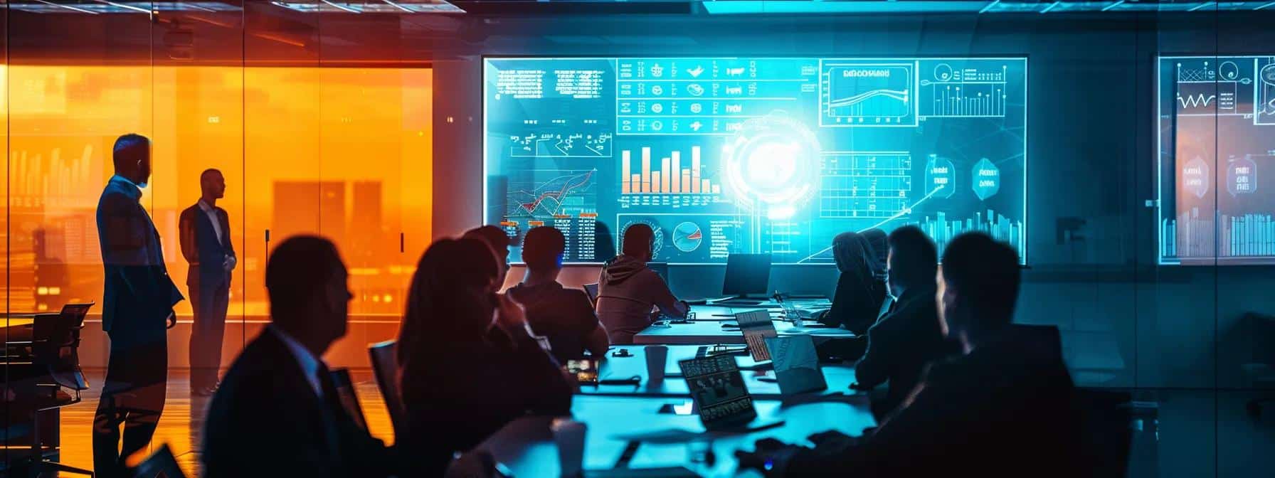 a modern office conference room filled with engaged employees, attentively participating in an interactive cybersecurity training session, surrounded by sleek digital displays showcasing key information and vibrant infographics.