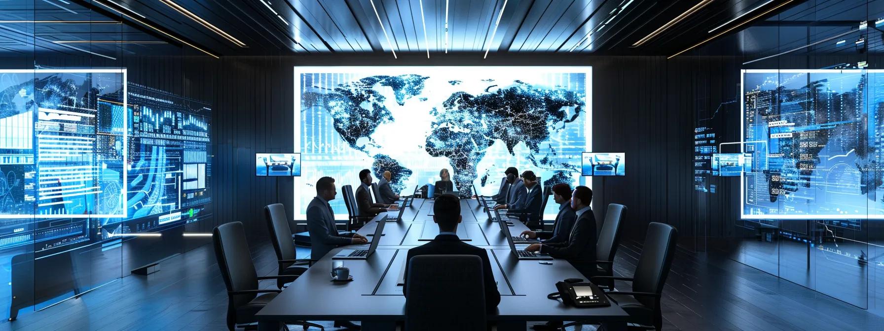 a modern office environment showcases a sleek conference room where business professionals analyze cybersecurity threats on high-tech screens, illustrating the strategic decision-making process between outsourcing threat hunting services and building an in-house team.