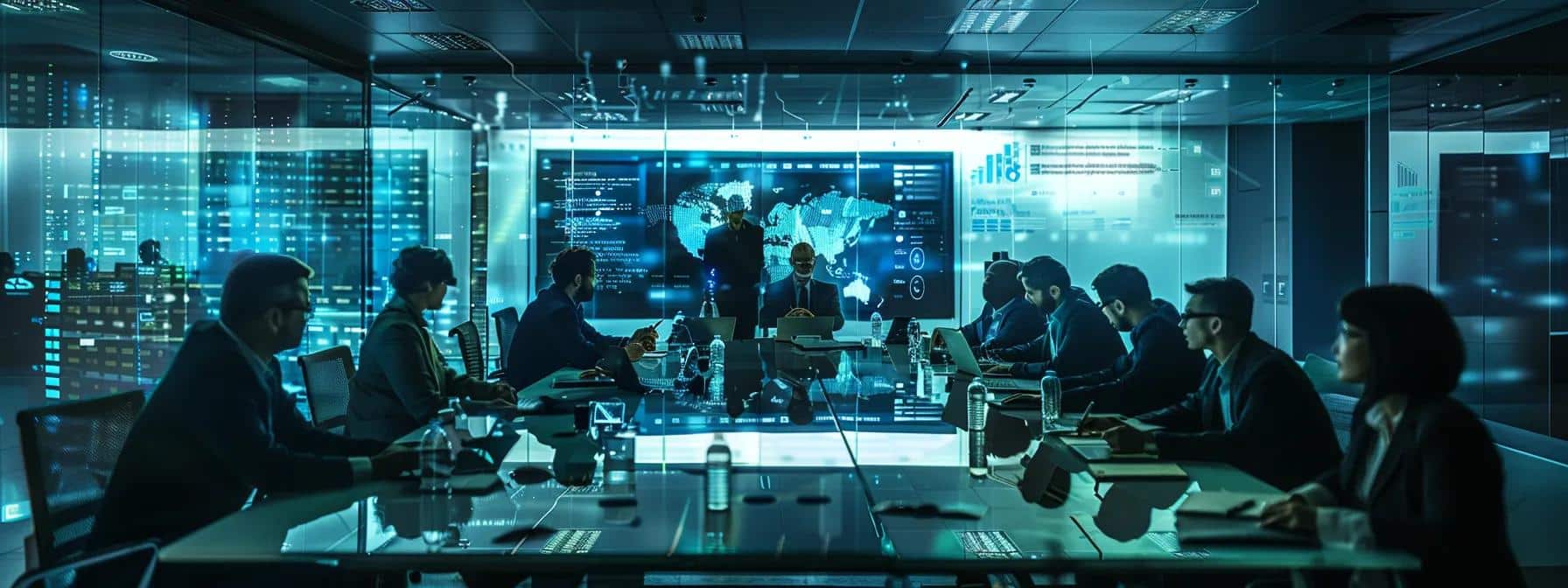 a modern office meeting room filled with diverse professionals engaging in dynamic discussions, surrounded by digital screens displaying cybersecurity metrics, emphasizing the strategic implementation of an incident response plan.