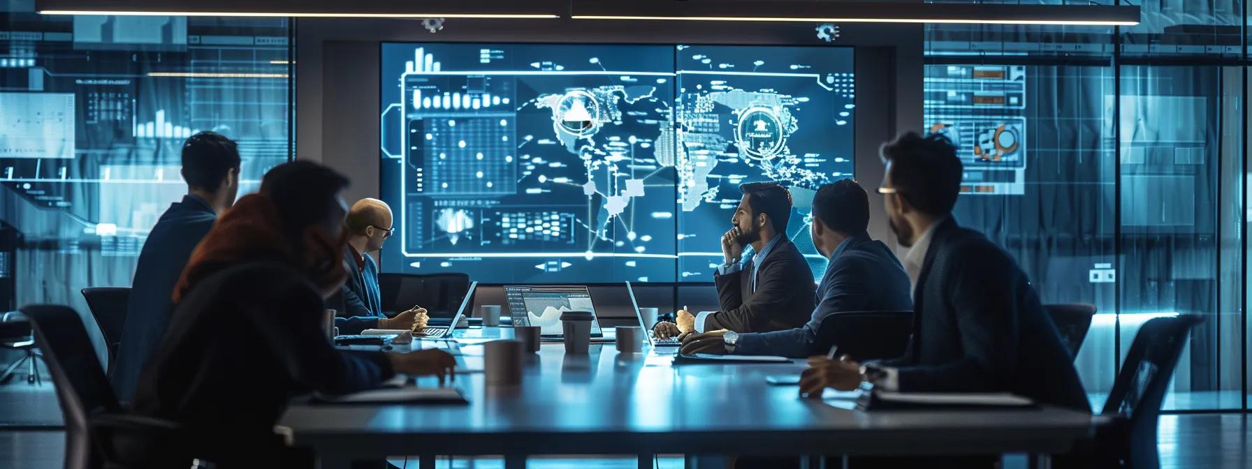 a modern office setting displays a large digital dashboard showcasing cybersecurity metrics and cyber resilience strategies, with a focused team engaged in a dynamic discussion around a sleek conference table, illuminated by professional overhead lighting.