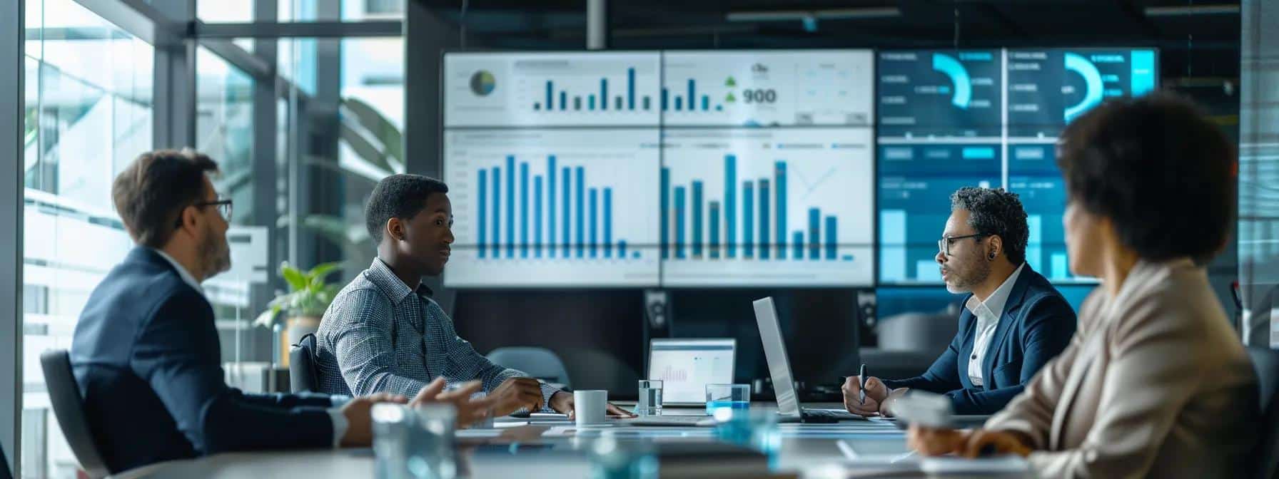 a modern office setting featuring a diverse group of professionals engaged in a strategic discussion about cybersecurity solutions, with digital screens displaying graphs and pricing models in the background, conveying a sense of collaboration and innovation in affordable cybersecurity for smbs.