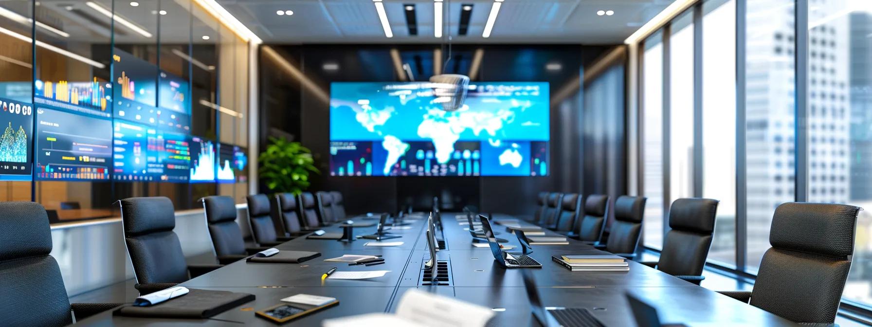 a modern office setting showcases a sleek conference table surrounded by digital displays and documents, emphasizing a collaborative discussion on integrating third-party risk management within business operations.